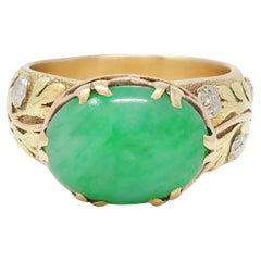 Arts and Crafts Antiker Ring aus Jade Platin 18 Karat dreifarbigem Gold und Roségold