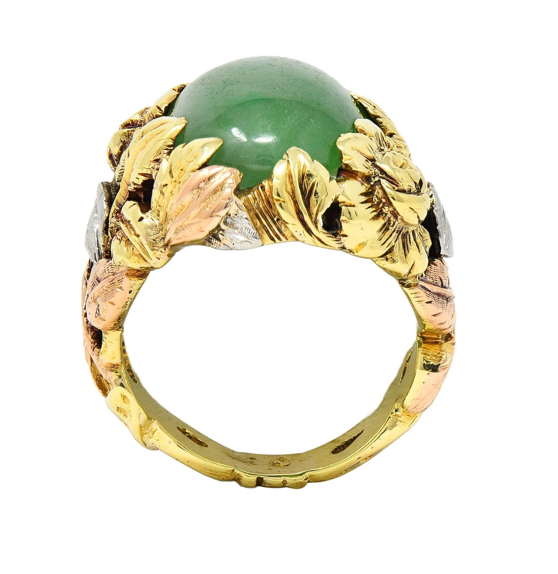 Arts & Crafts Jade Platinum 18 Karat Two-Tone Gold Antique Rose Signet Ring GIA For Sale 5