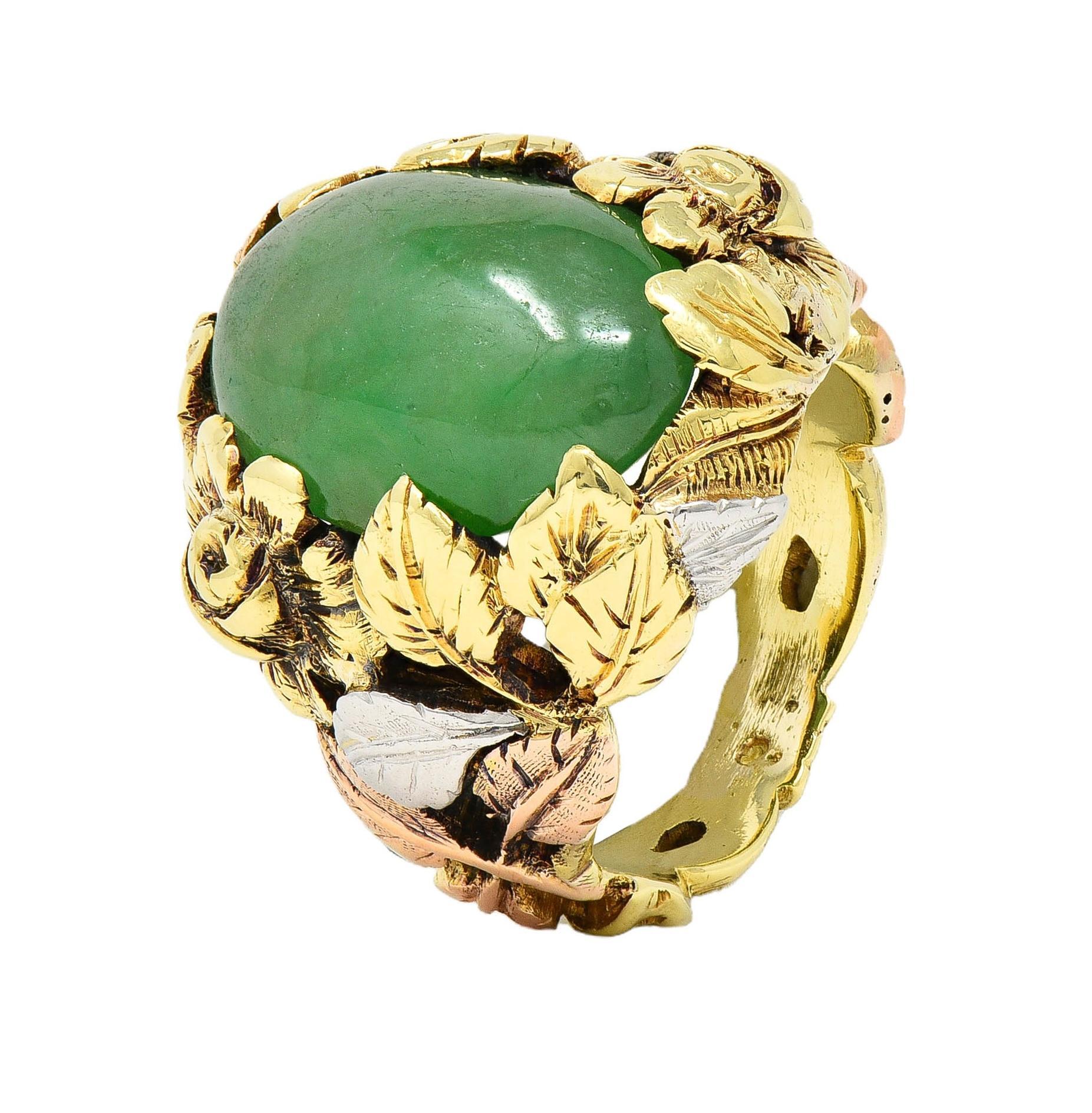 Arts & Crafts Jade Platinum 18 Karat Two-Tone Gold Antique Rose Signet Ring GIA For Sale 6