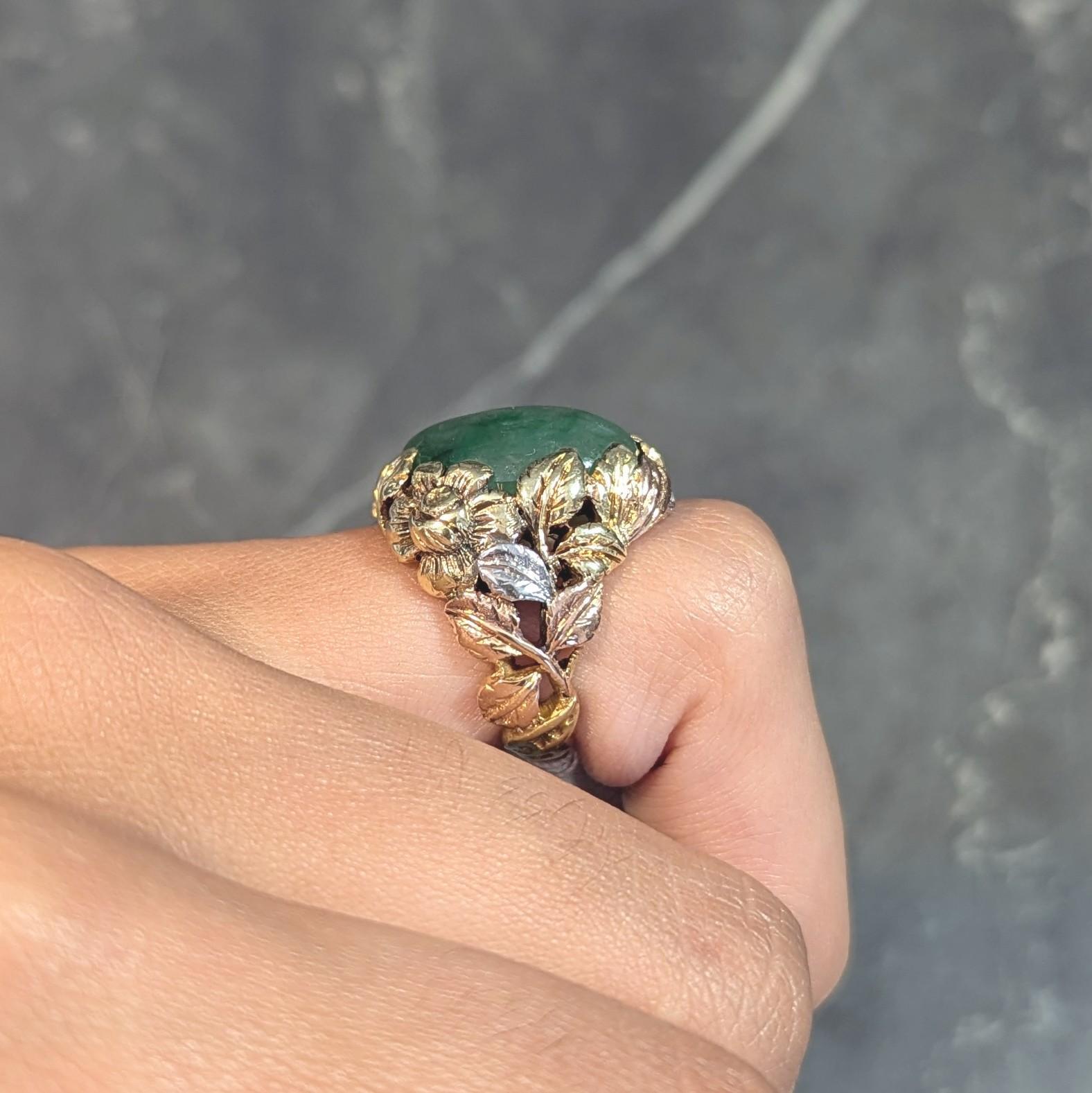 Arts & Crafts Jade Platinum 18 Karat Two-Tone Gold Antique Rose Signet Ring GIA For Sale 7
