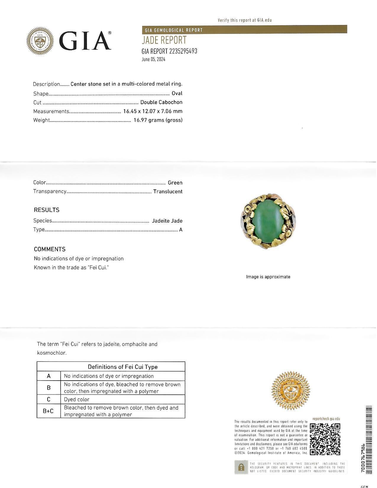 Arts & Crafts Jade Platinum 18 Karat Two-Tone Gold Antique Rose Signet Ring GIA For Sale 9