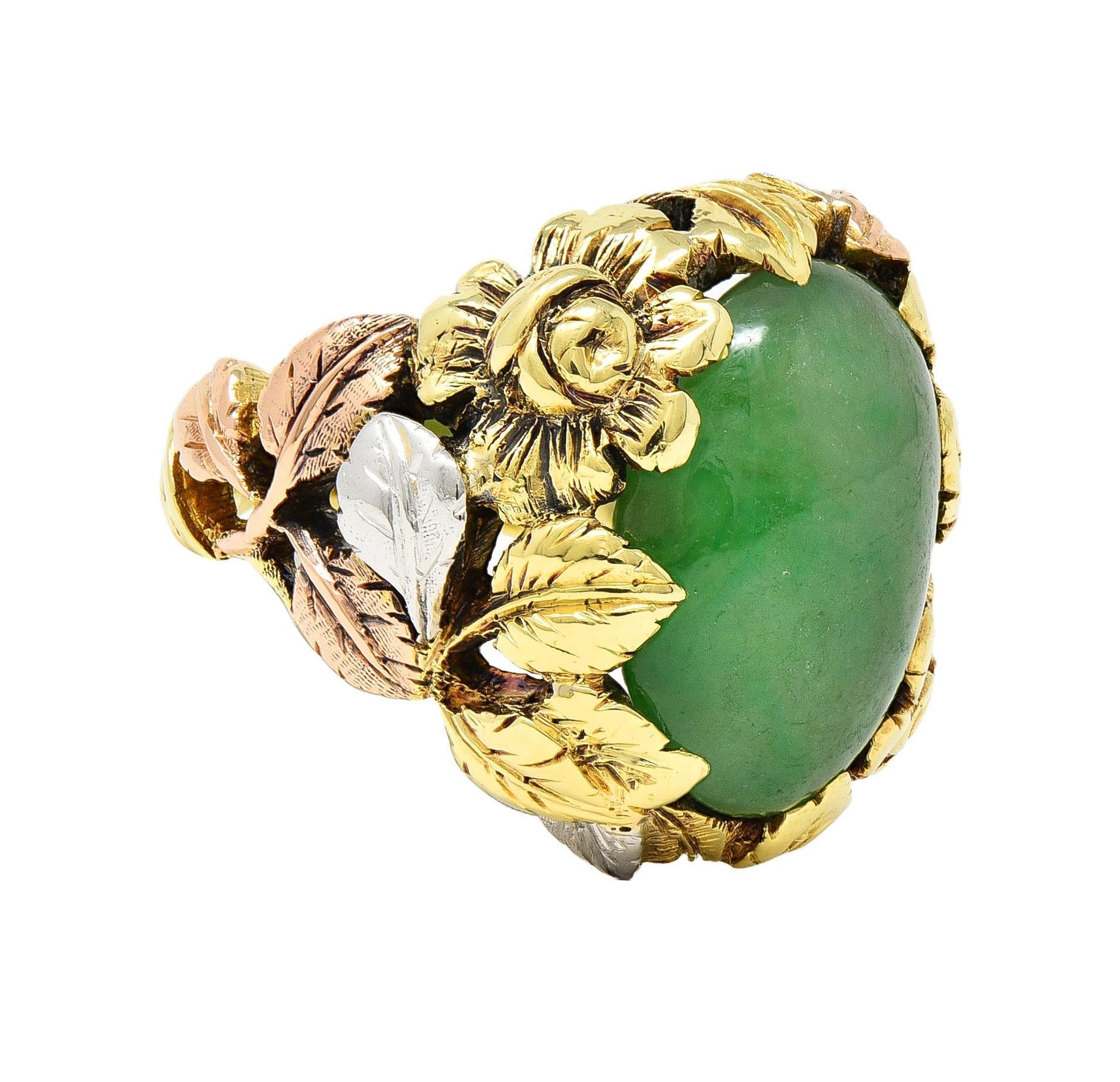 Arts & Crafts Jade Platinum 18 Karat Two-Tone Gold Antique Rose Signet Ring GIA In Excellent Condition For Sale In Philadelphia, PA