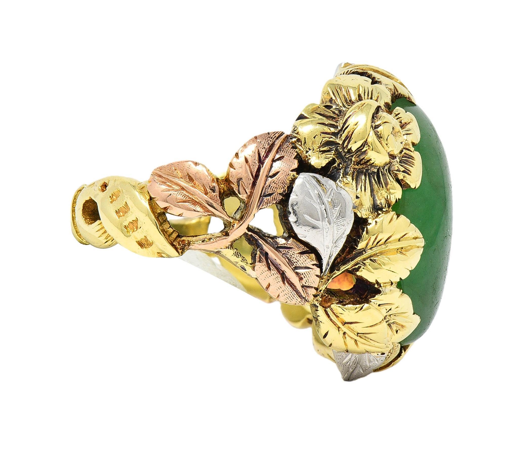 Women's or Men's Arts & Crafts Jade Platinum 18 Karat Two-Tone Gold Antique Rose Signet Ring GIA For Sale