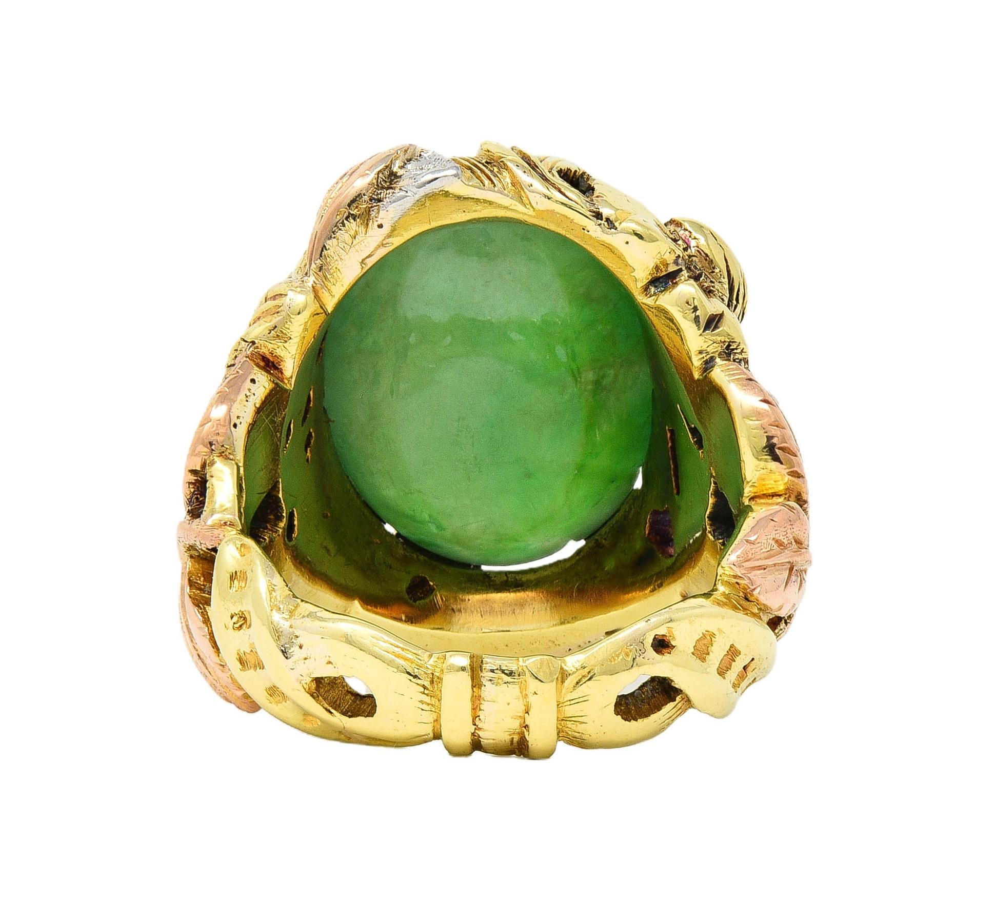 Arts & Crafts Jade Platinum 18 Karat Two-Tone Gold Antique Rose Signet Ring GIA For Sale 1