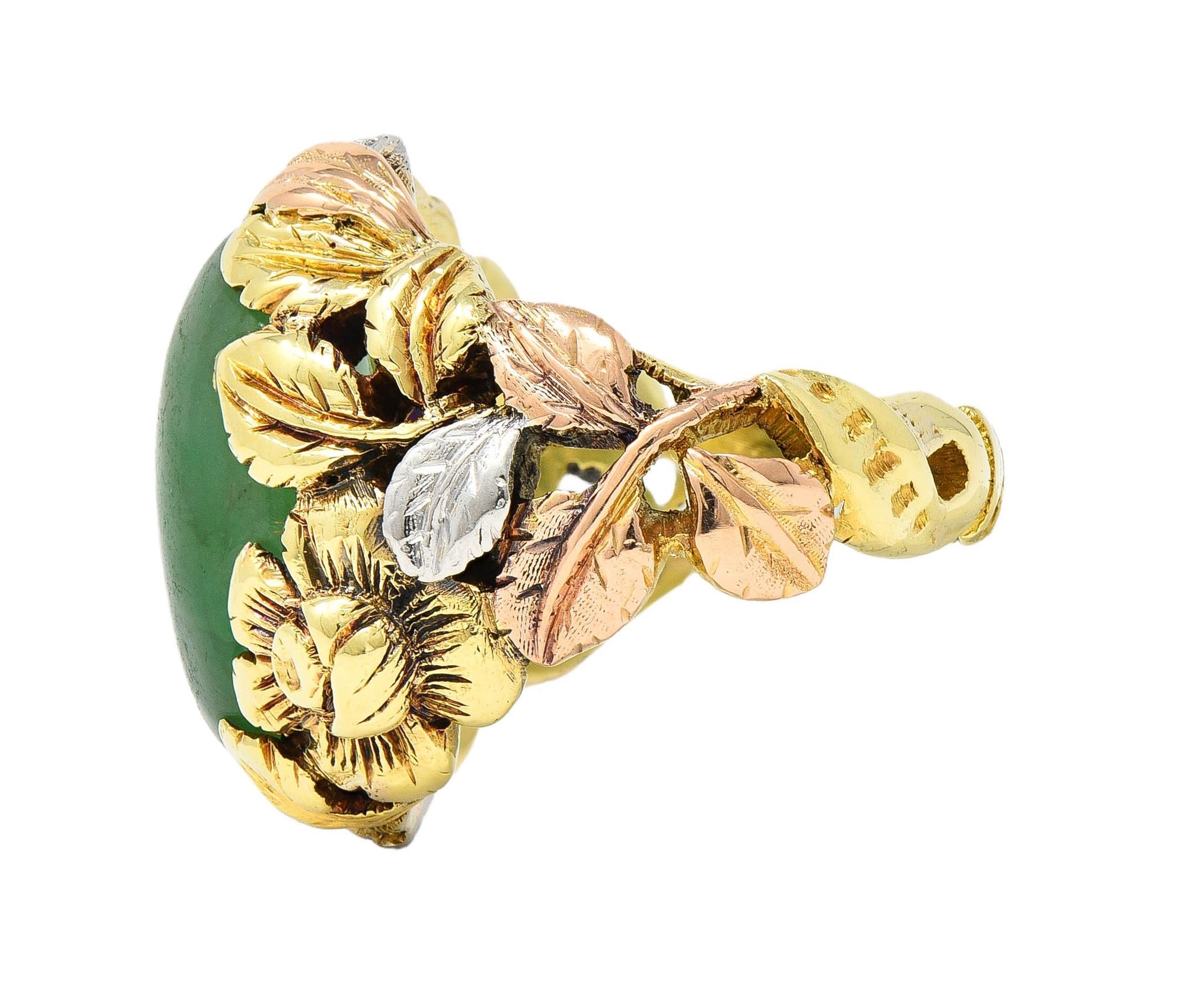 Arts & Crafts Jade Platinum 18 Karat Two-Tone Gold Antique Rose Signet Ring GIA For Sale 2