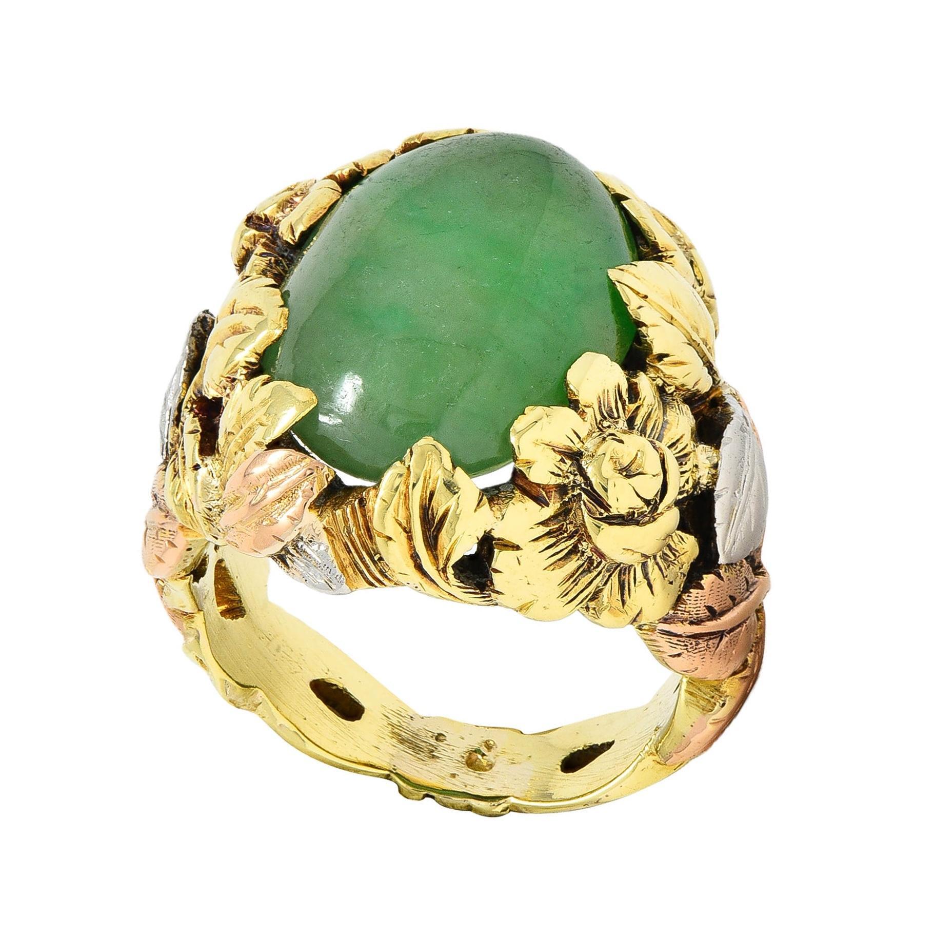 Arts & Crafts Jade Platinum 18 Karat Two-Tone Gold Antique Rose Signet Ring GIA For Sale 3