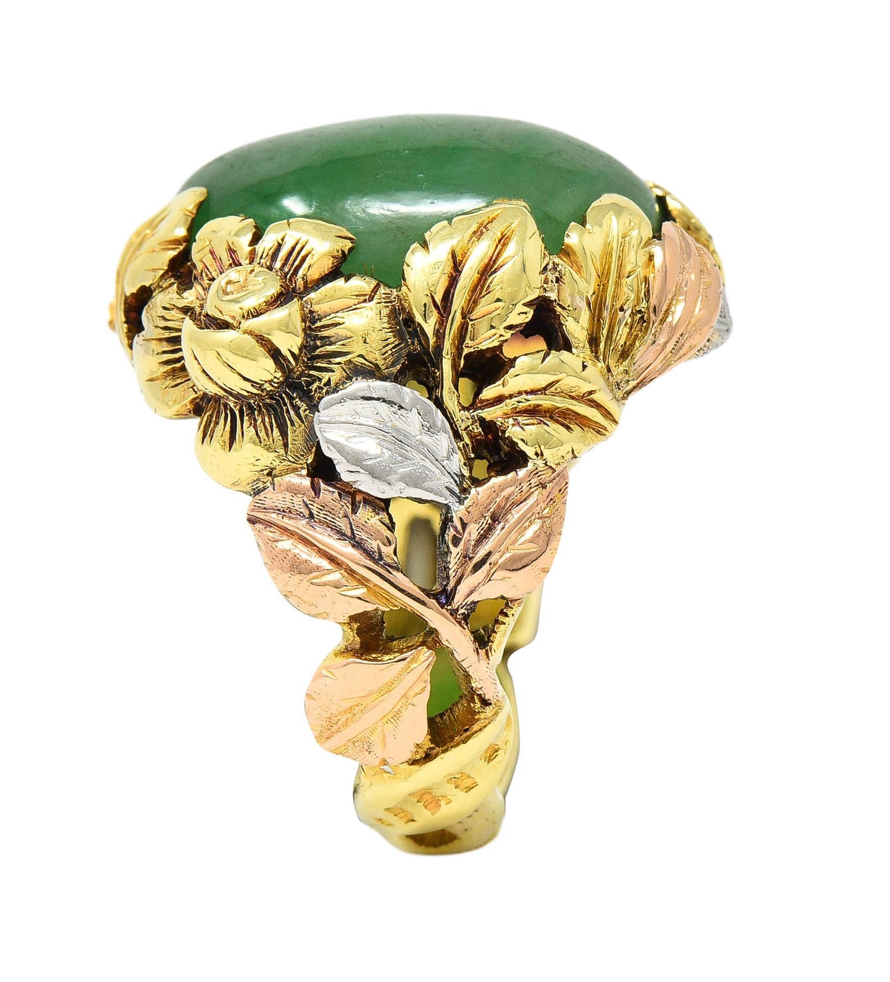 Arts & Crafts Jade Platinum 18 Karat Two-Tone Gold Antique Rose Signet Ring GIA For Sale 4