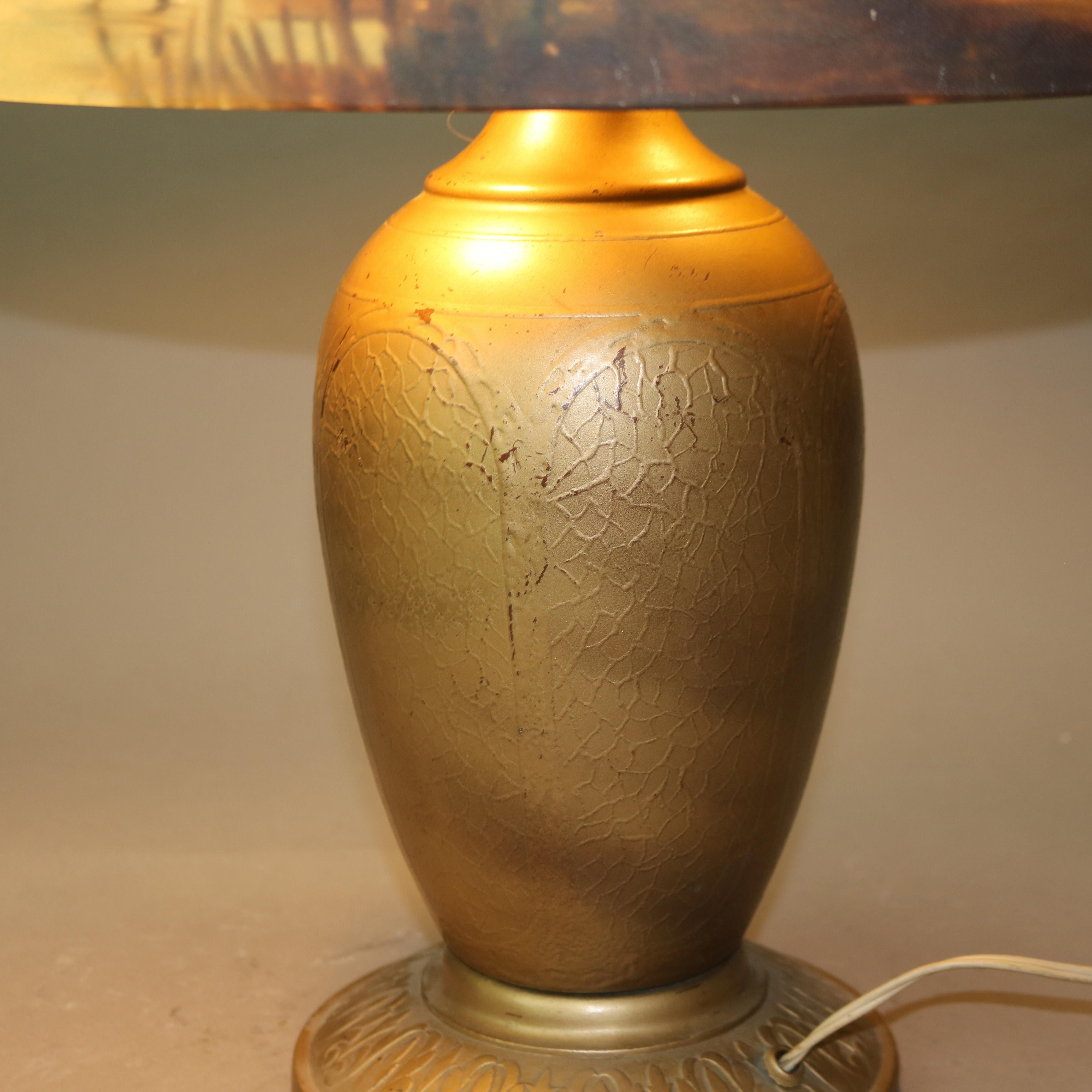 Arts and Crafts Lampada da tavolo Jefferson dipinta all'inverso con scena di paesaggio C1920 in vendita