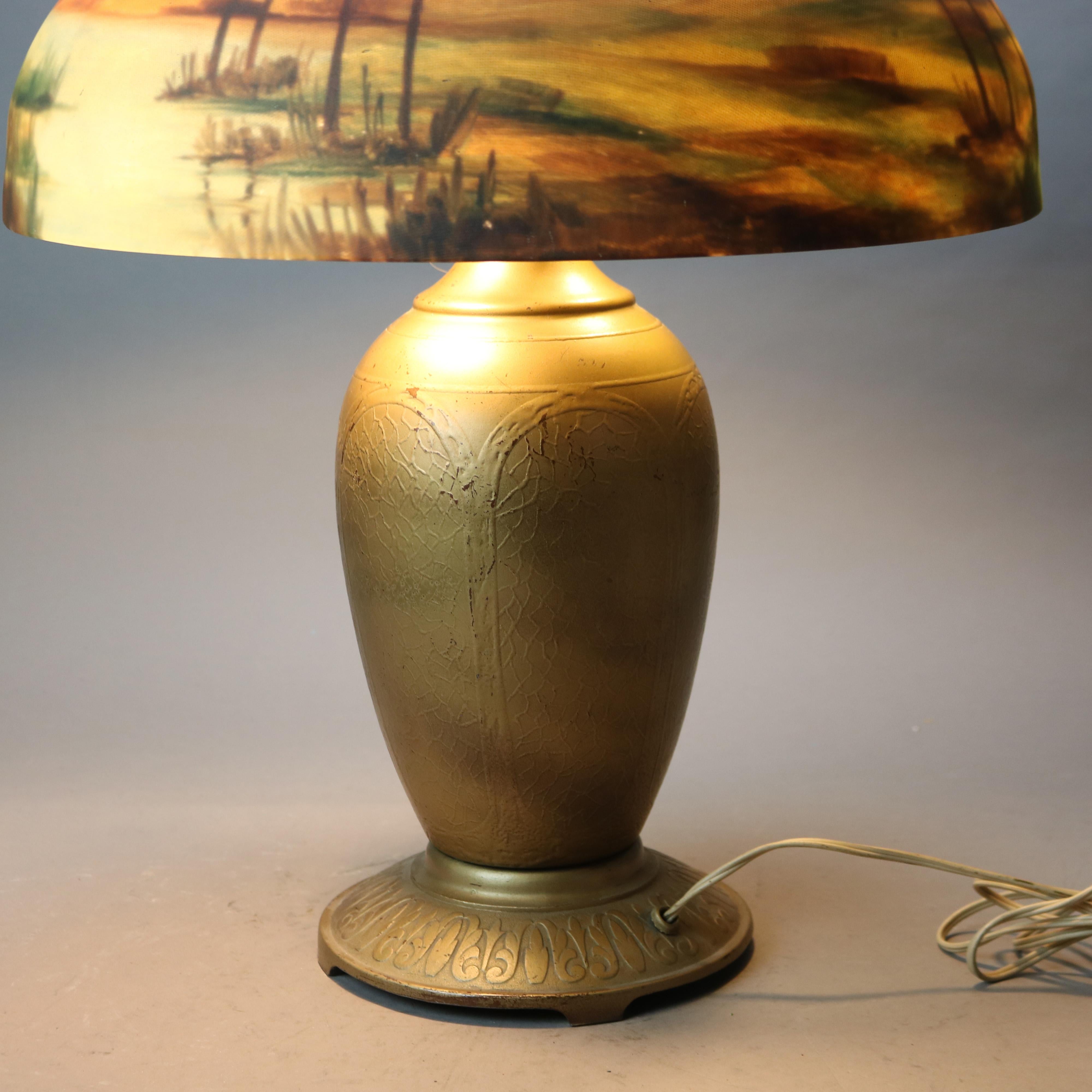 Americano Lampada da tavolo Jefferson dipinta all'inverso con scena di paesaggio C1920 in vendita