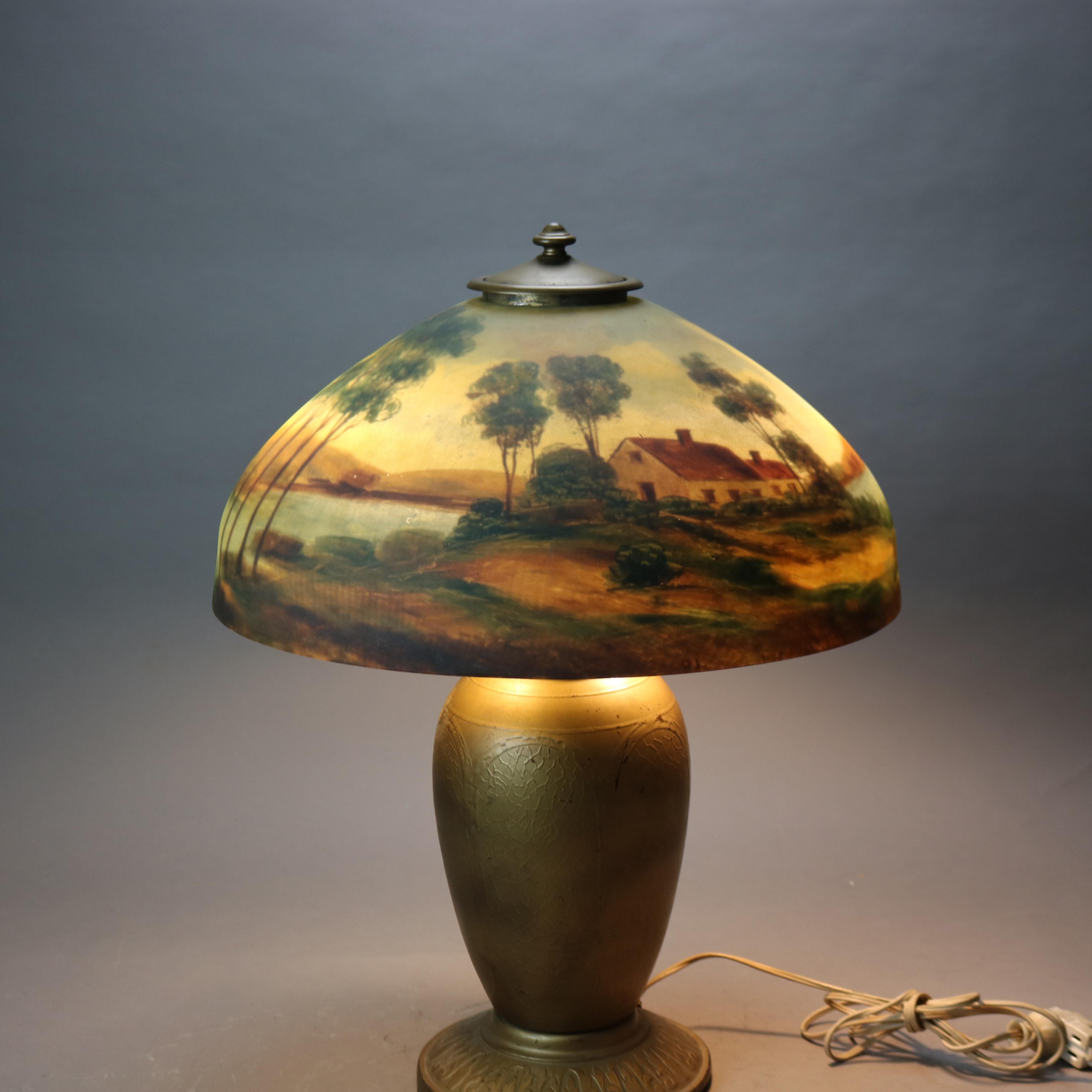 Vetro Lampada da tavolo Jefferson dipinta all'inverso con scena di paesaggio C1920 in vendita
