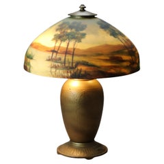 Lampada da tavolo Jefferson dipinta all'inverso con scena di paesaggio C1920