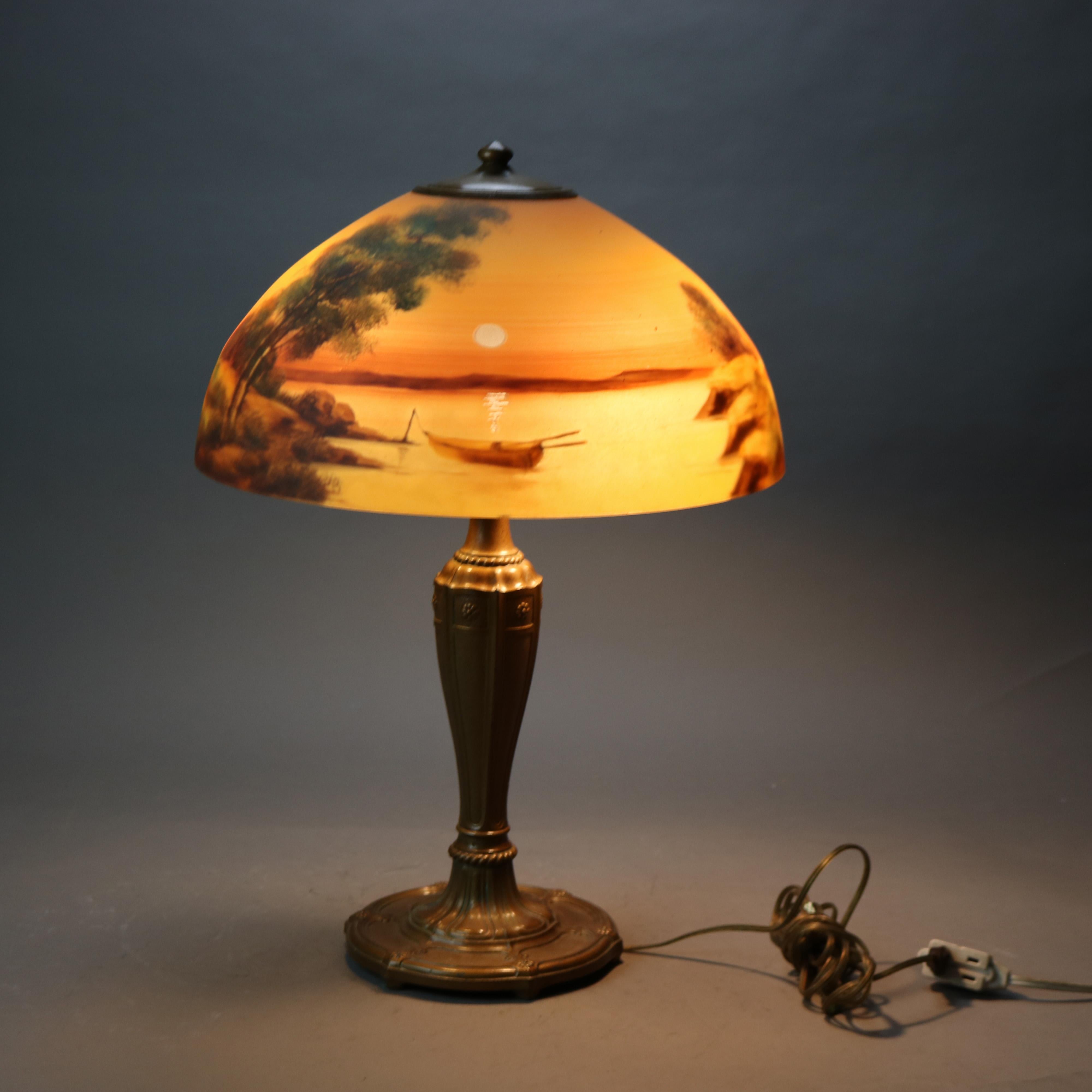Lampada da tavolo Jefferson dipinta a rovescio con scena di paesaggio, firmata 3