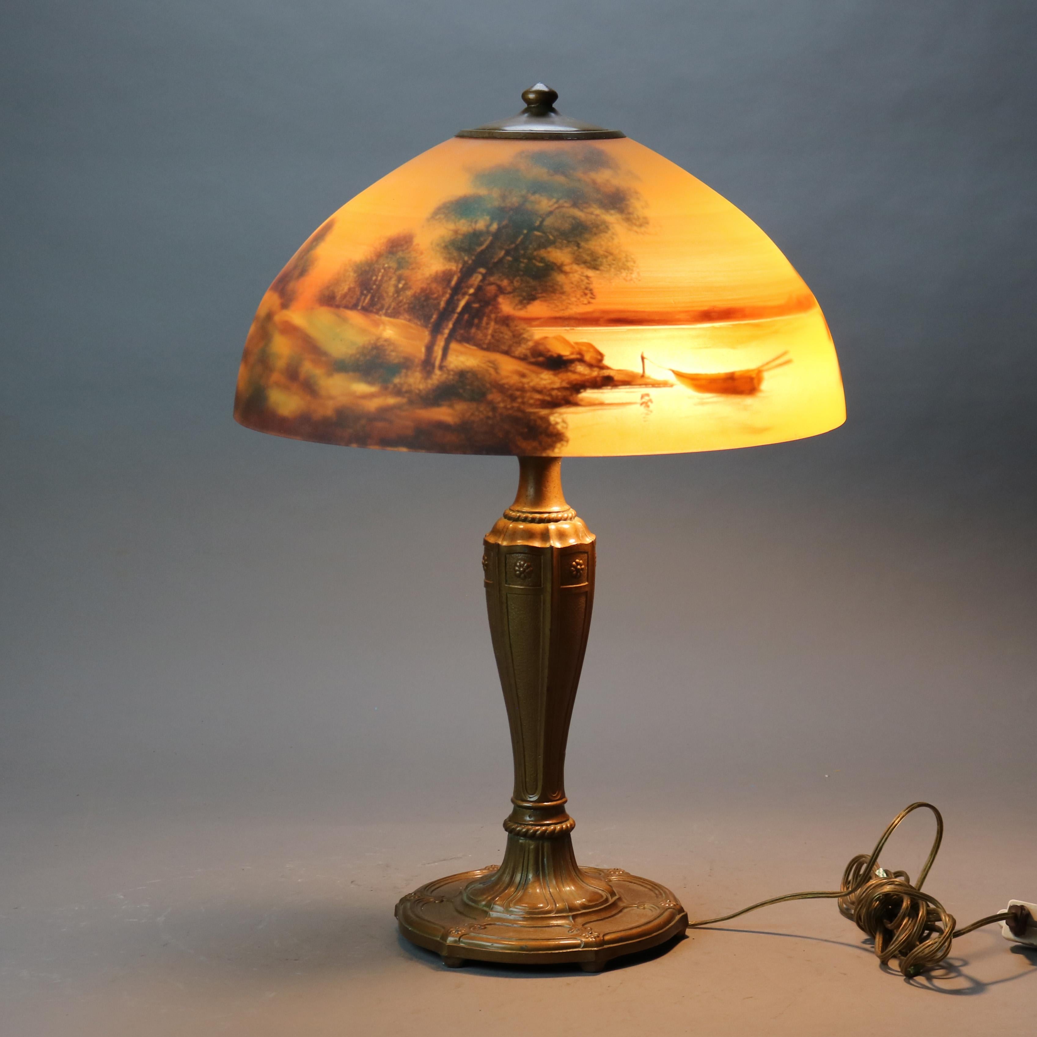 Lampada da tavolo Jefferson dipinta a rovescio con scena di paesaggio, firmata 1