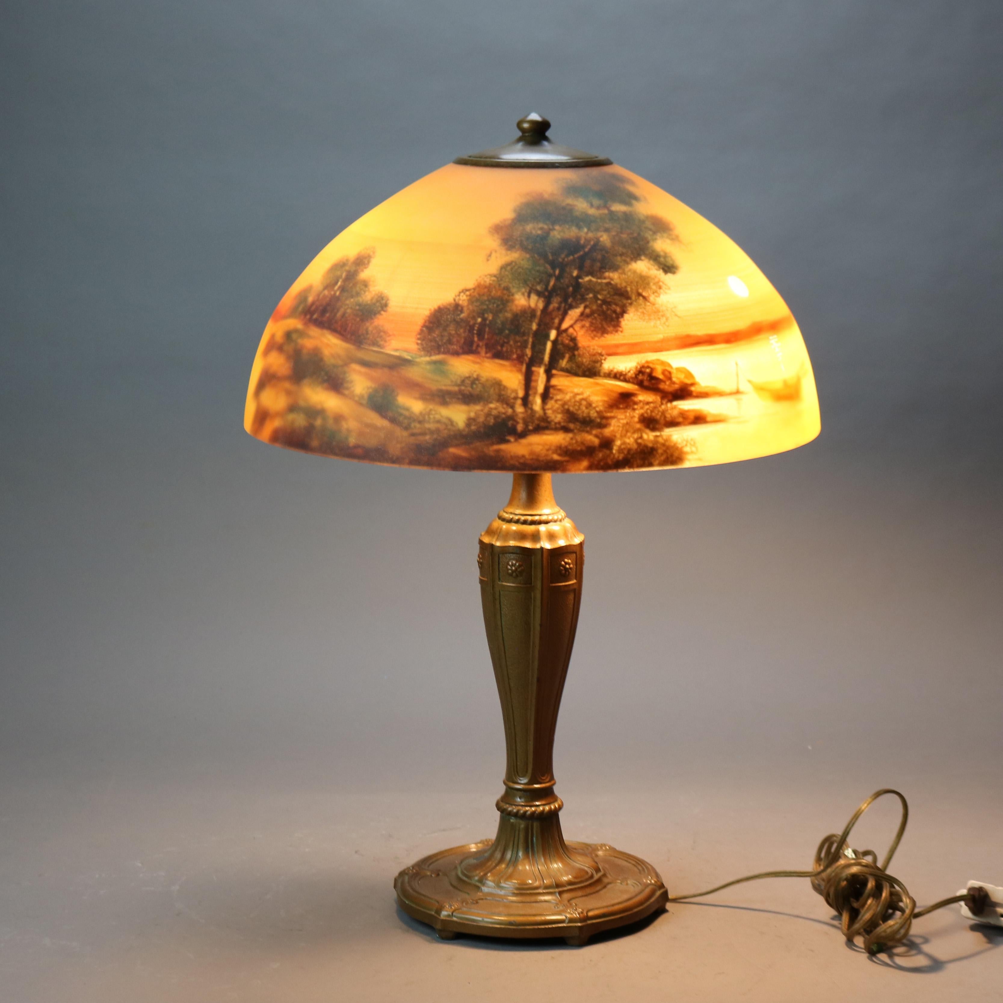 Lampada da tavolo Jefferson dipinta a rovescio con scena di paesaggio, firmata 2