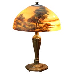 Antique Arts & Crafts Jefferson Reverse Painted Table Lamp with Landscape Scene, Signed