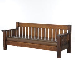 Arts & Crafts JM Young Mission Oak Slat-Back Settle with Cushion, C1910