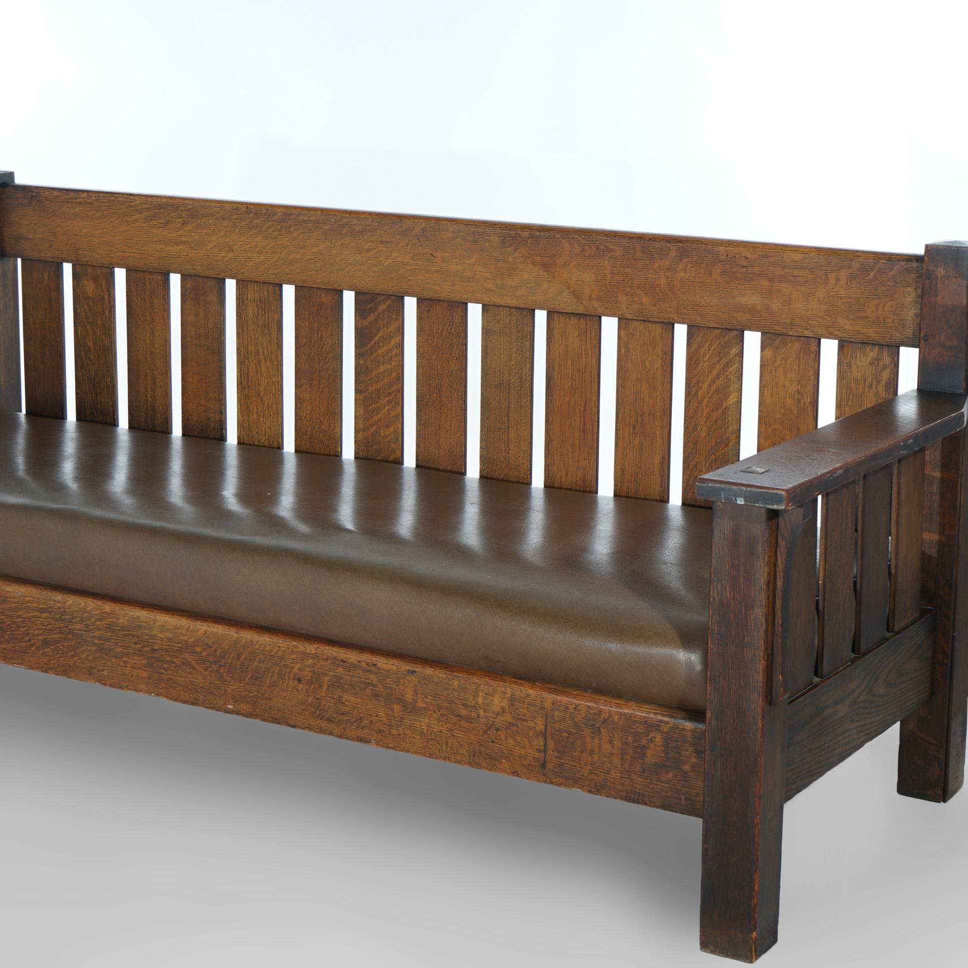 American Arts & Crafts JM Young Mission Oak Slat-Back Settle with Cushion, C1910 For Sale