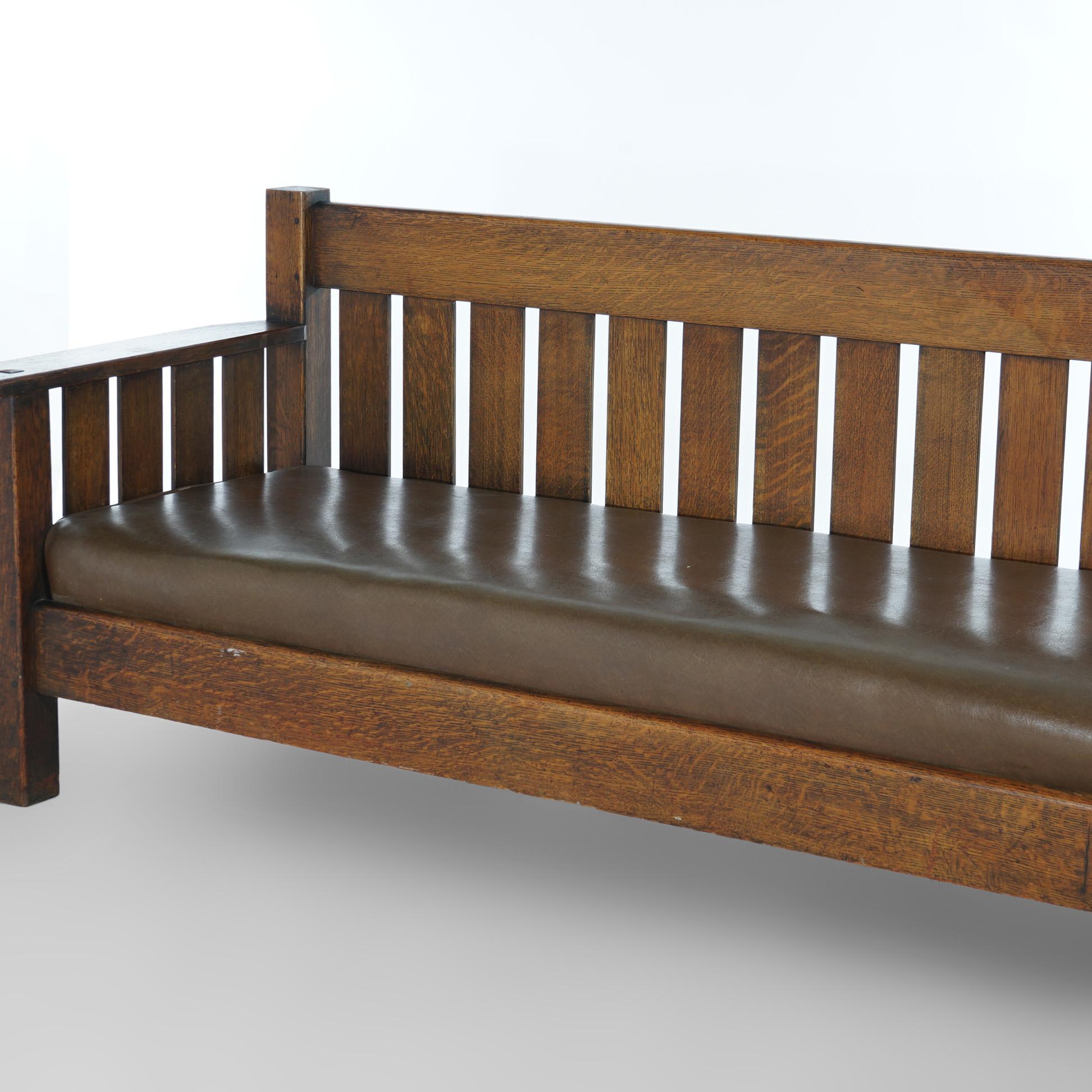 Arts & Crafts JM Young Mission Oak Slat-Back Settle with Cushion, C1910 In Good Condition For Sale In Big Flats, NY