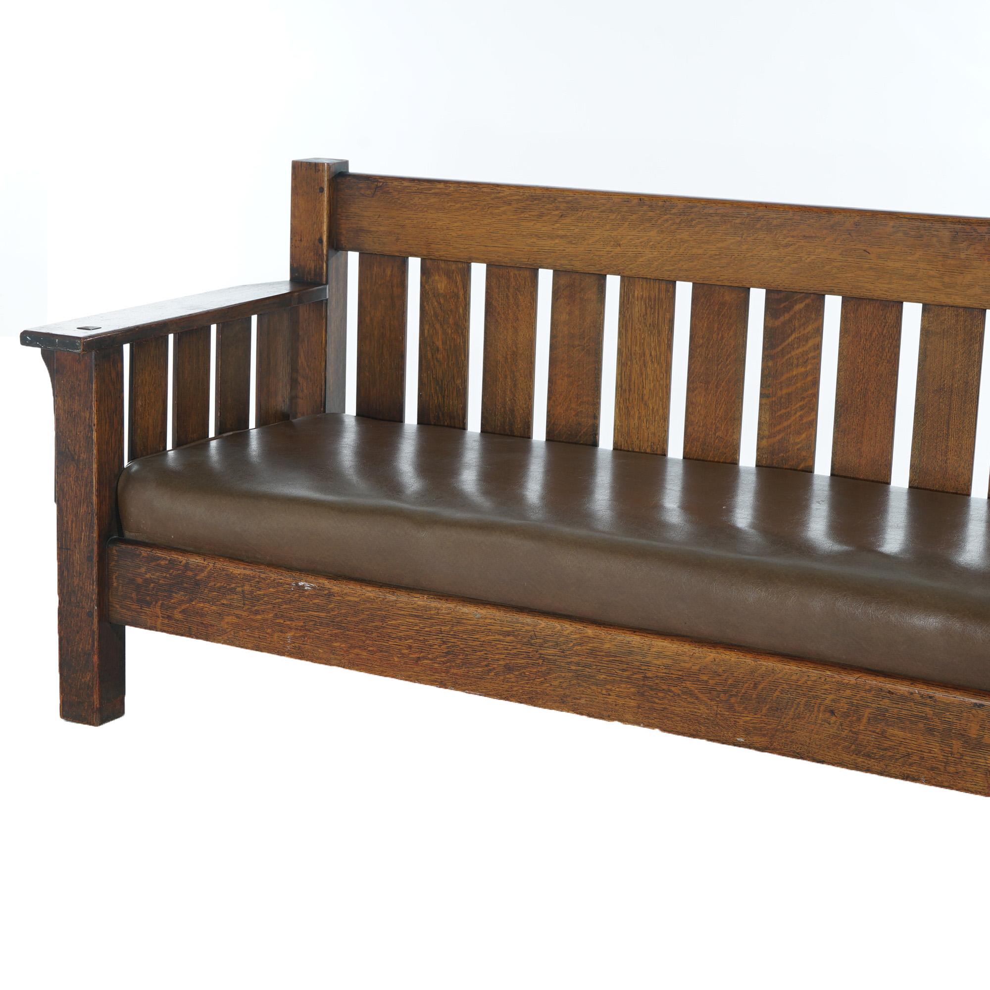 20th Century Arts & Crafts JM Young Mission Oak Slat-Back Settle with Cushion, C1910 For Sale