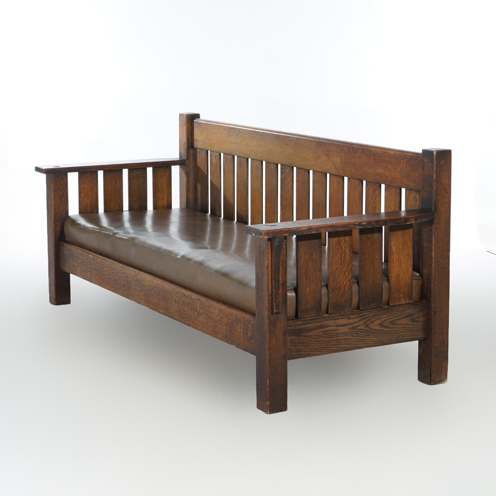 Upholstery Arts & Crafts JM Young Mission Oak Slat-Back Settle with Cushion, C1910 For Sale
