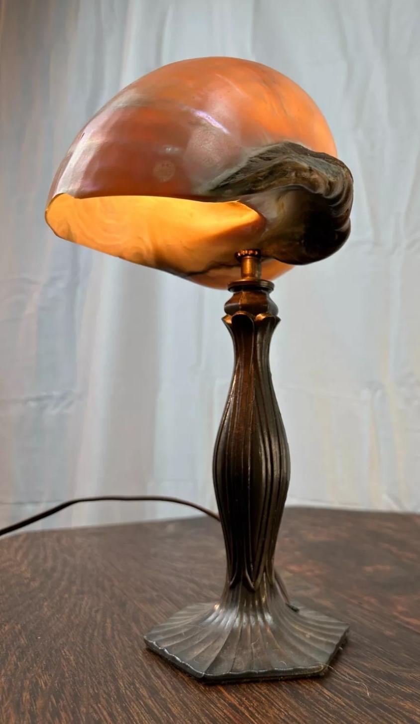 Bronze Arts & Crafts Lamp with Shell Shade - Stickley era W7320  / ON SALE For Sale