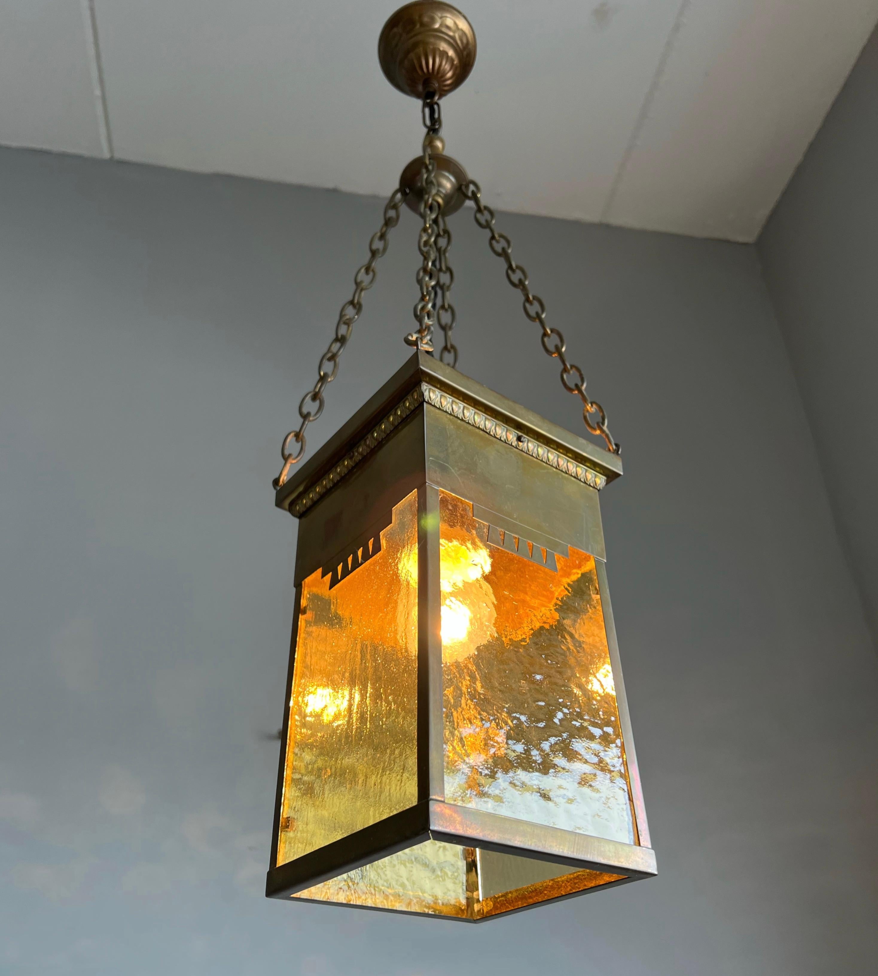 Arts & Crafts Lantern Shape Pendant Light with Warm Color Amber Cathedral Glass For Sale 5