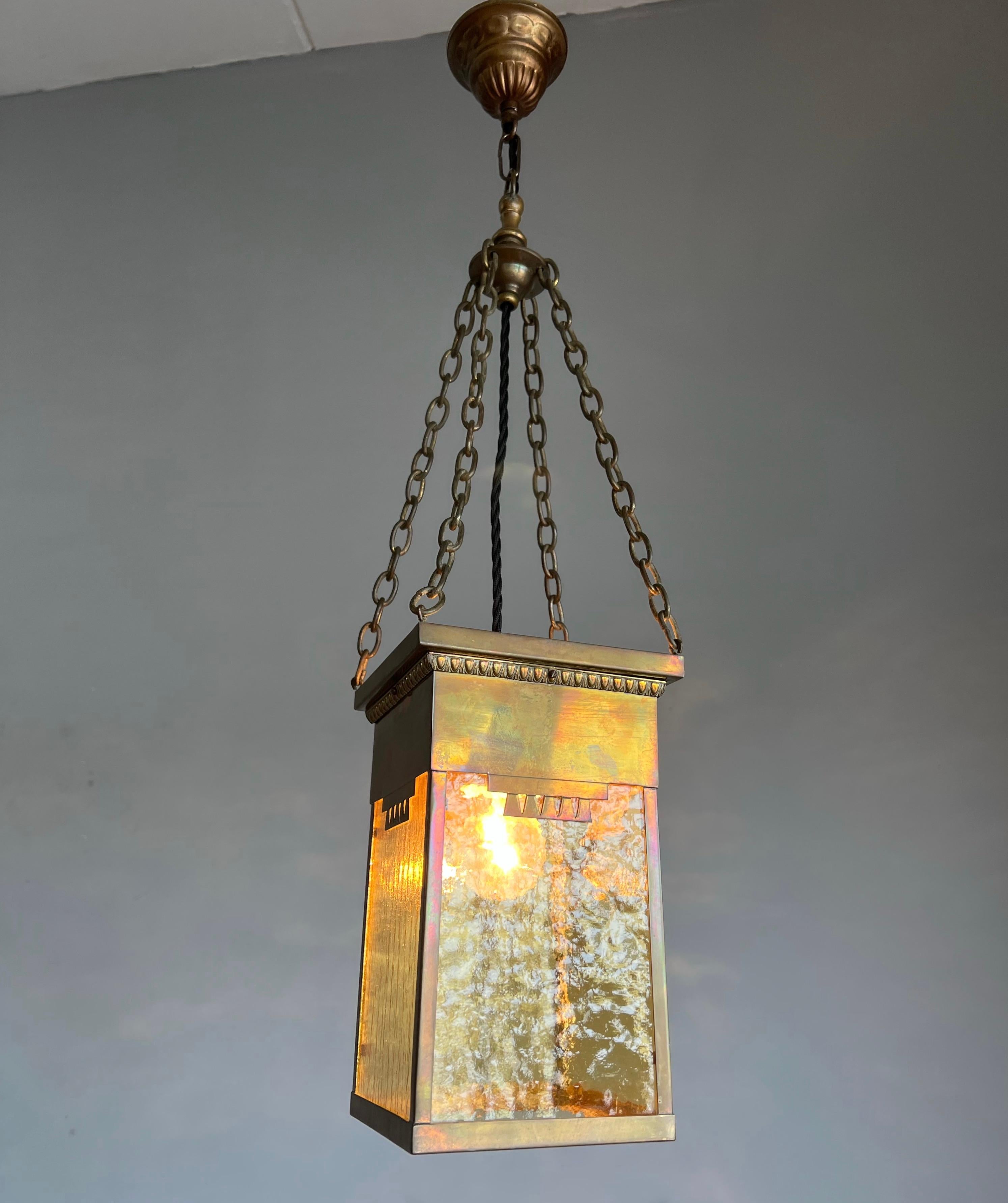 Stunning Arts & Crafts pendant light.

If you are looking for the ideal pendant to light up your entrance, landing or small bedroom than this beauty could be perfect for you. This European, early 1900s, Arts and Crafts pendant is beautiful in shape,
