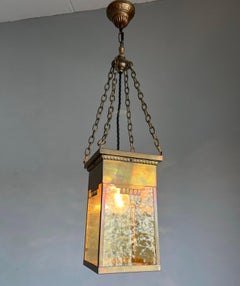 Arts & Crafts Lantern Shape Pendant Light with Warm Color Amber Cathedral Glass
