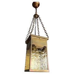Antique Arts & Crafts Lantern Shape Pendant Light with Warm Color Amber Cathedral Glass