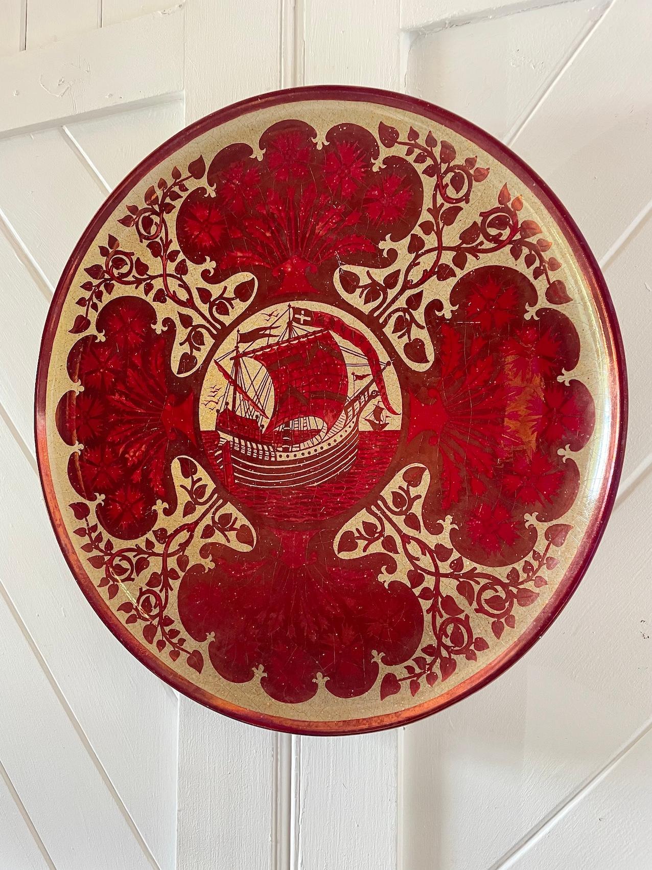 Pottery Arts & Crafts Large Ruby Lustre Charger By Maw & Co