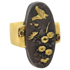 Arts & Crafts Large Shakudo Plaque Ring with Flower and Butterfly Motif