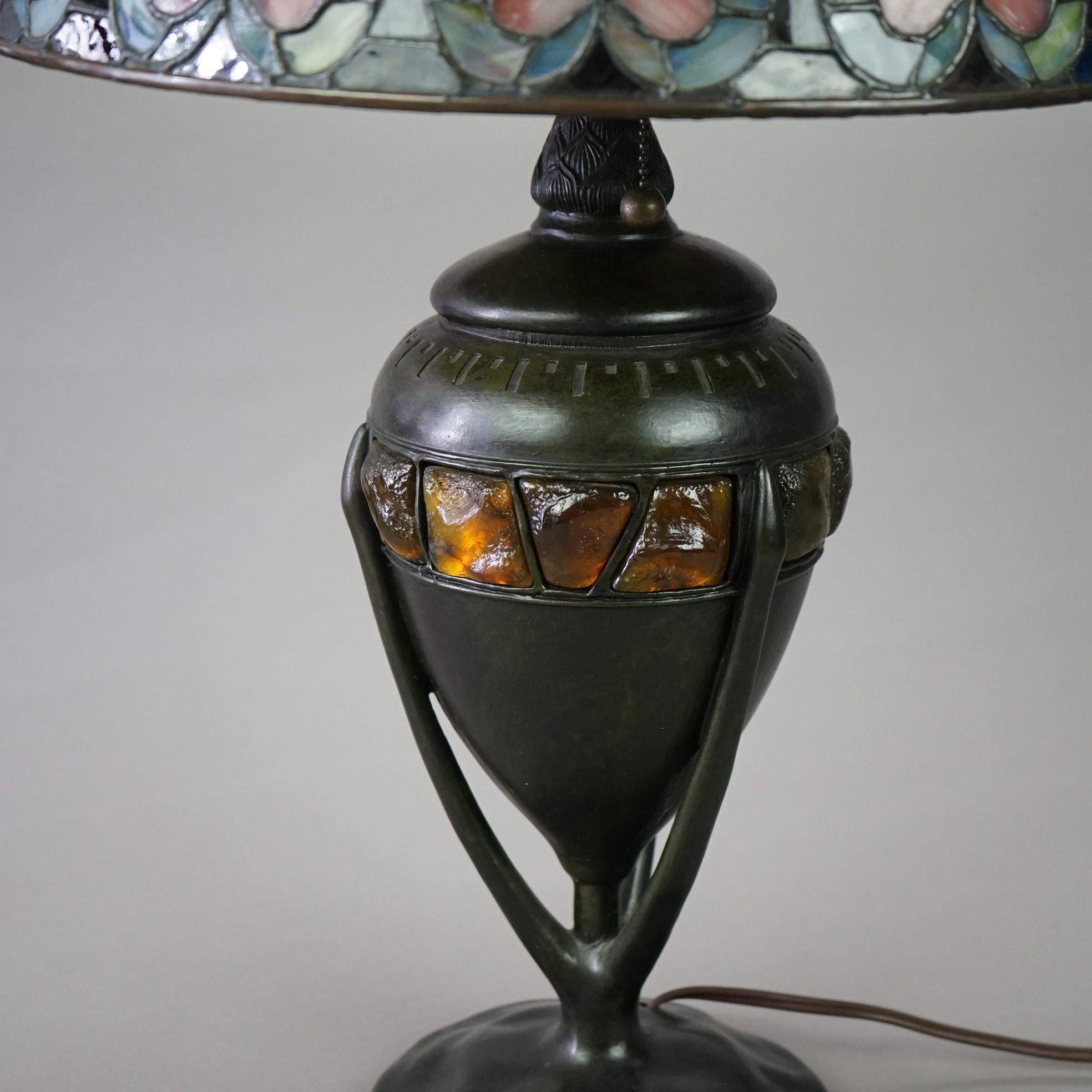 Arts & Crafts Leaded Glass Table Lamp with Jeweled Glass Base 20th C 3