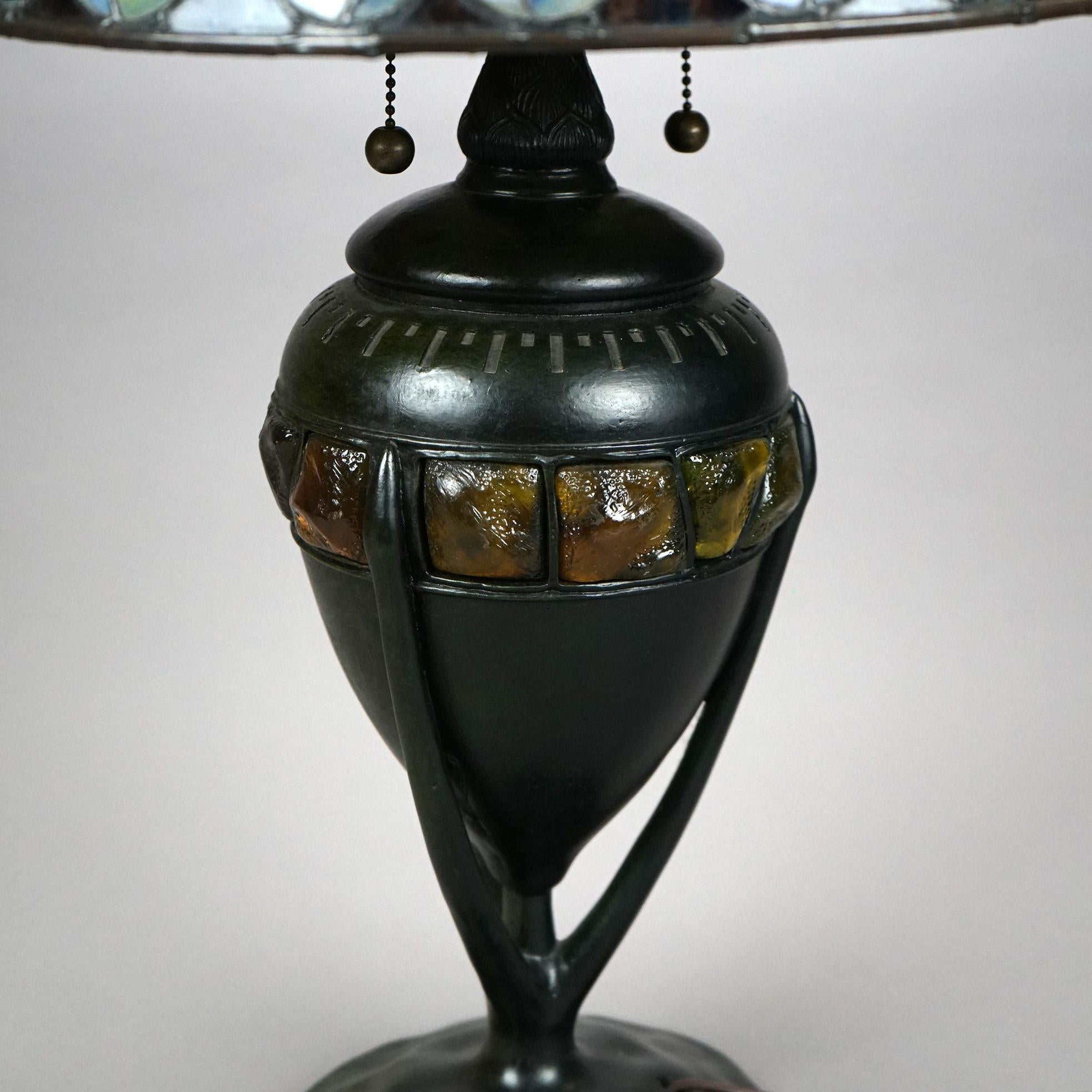 Arts & Crafts Leaded Glass Table Lamp with Jeweled Glass Base 20th C 4