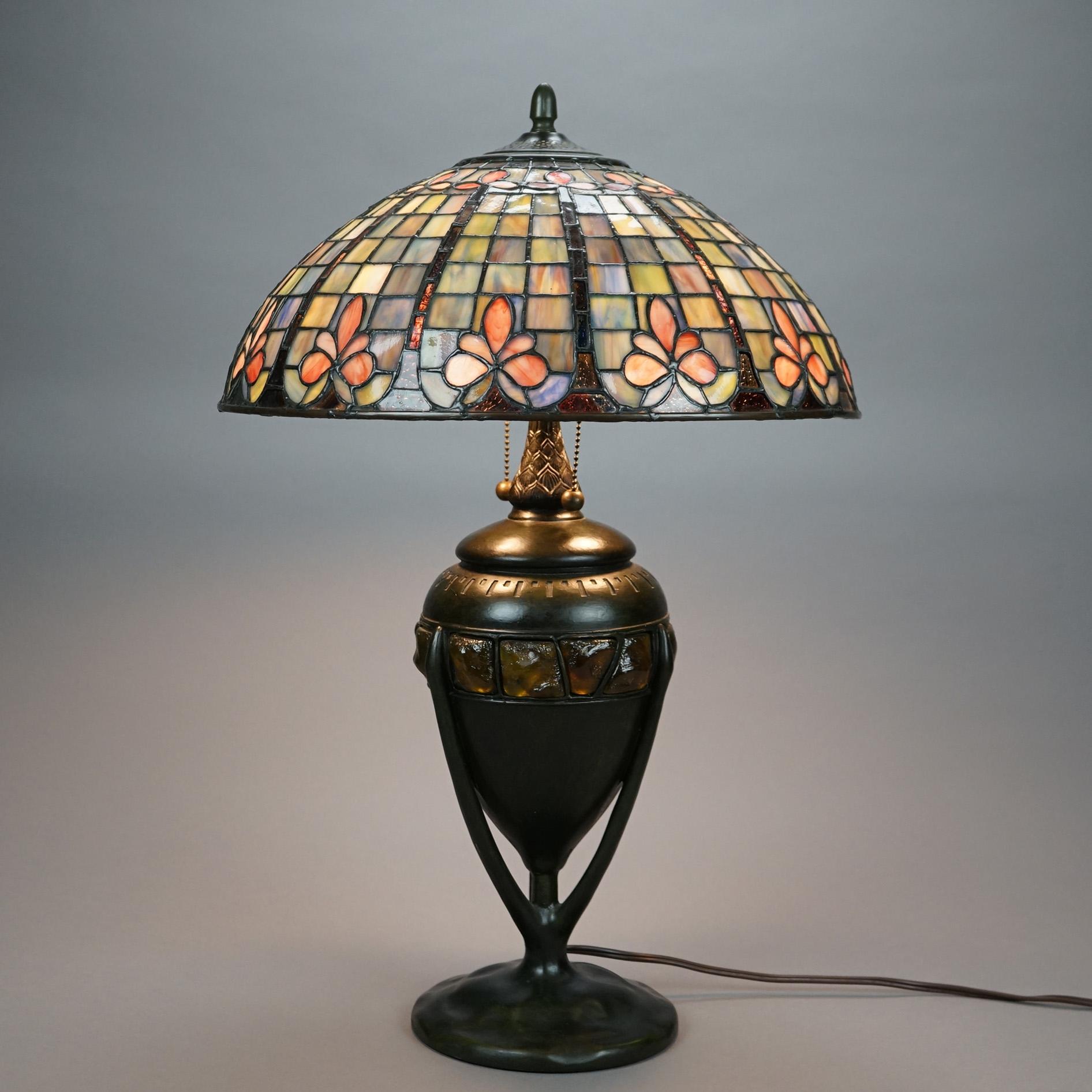 Arts and Crafts Arts & Crafts Leaded Glass Table Lamp with Jeweled Glass Base 20th C
