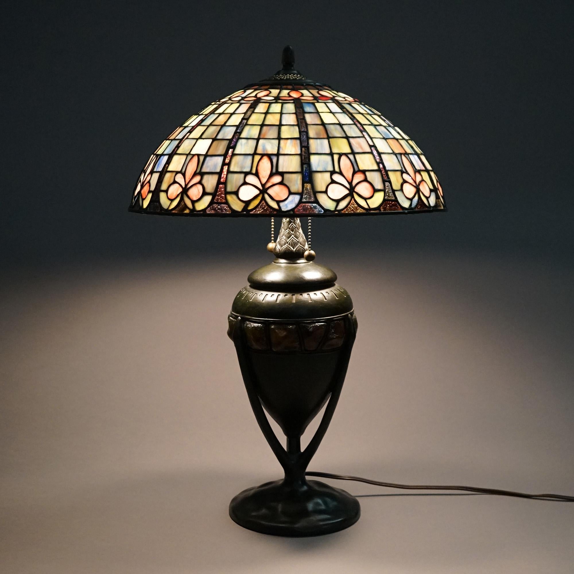 American Arts & Crafts Leaded Glass Table Lamp with Jeweled Glass Base 20th C