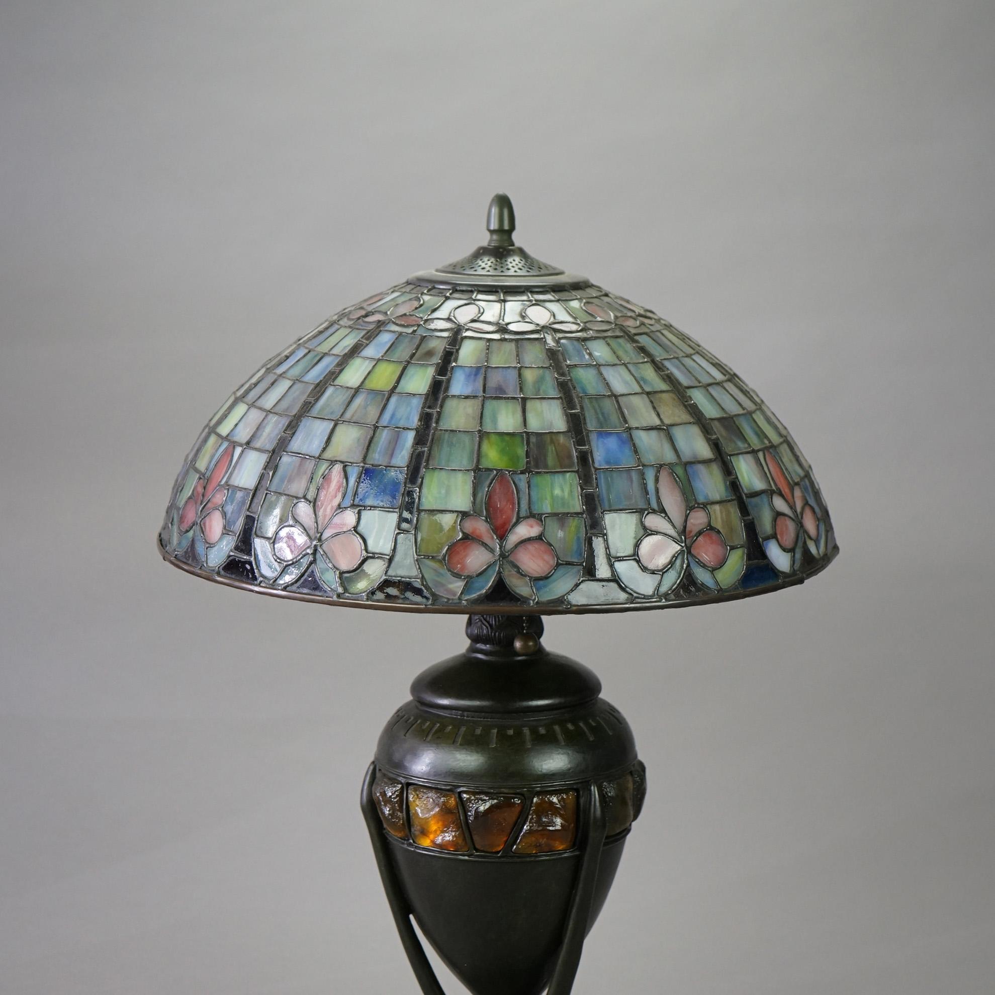 Arts & Crafts Leaded Glass Table Lamp with Jeweled Glass Base 20th C In Good Condition In Big Flats, NY