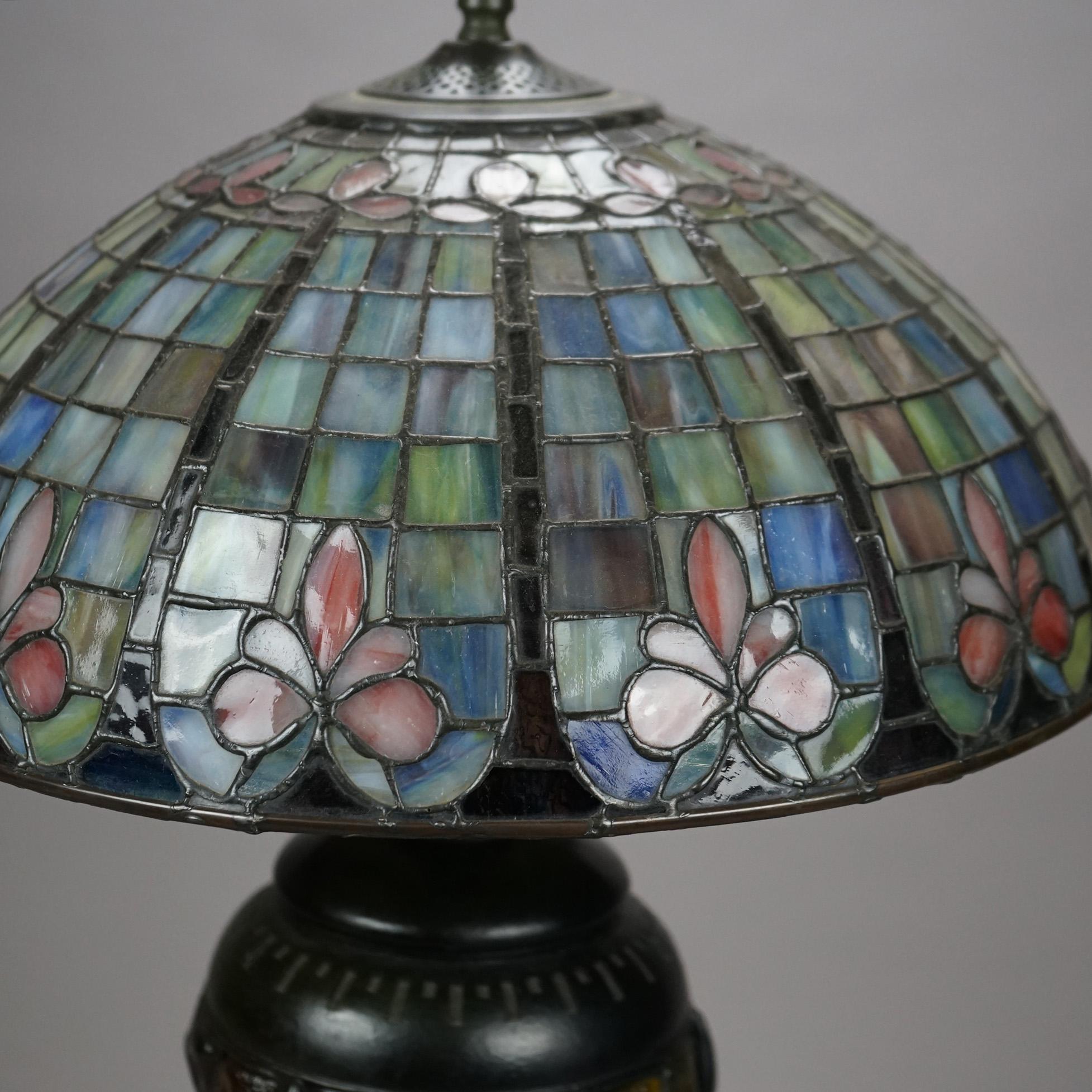 20th Century Arts & Crafts Leaded Glass Table Lamp with Jeweled Glass Base 20th C