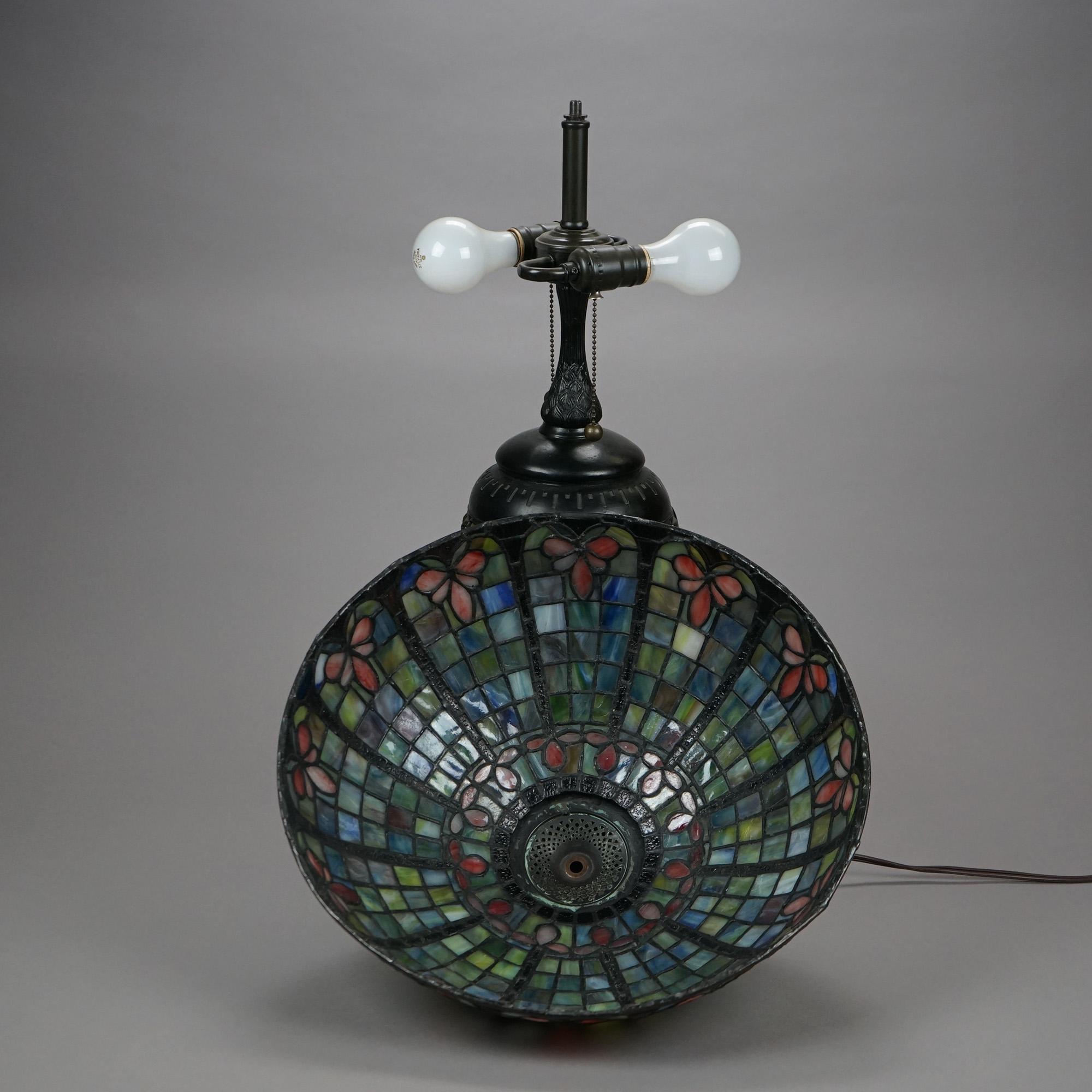 Arts & Crafts Leaded Glass Table Lamp with Jeweled Glass Base 20th C 1