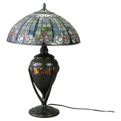 Arts & Crafts Leaded Glass Table Lamp with Jeweled Glass Base 20th C