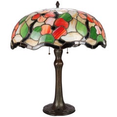 Arts & Crafts Leaded Mosaic Slag Glass Poppy Floral Table Lamp, circa 1910