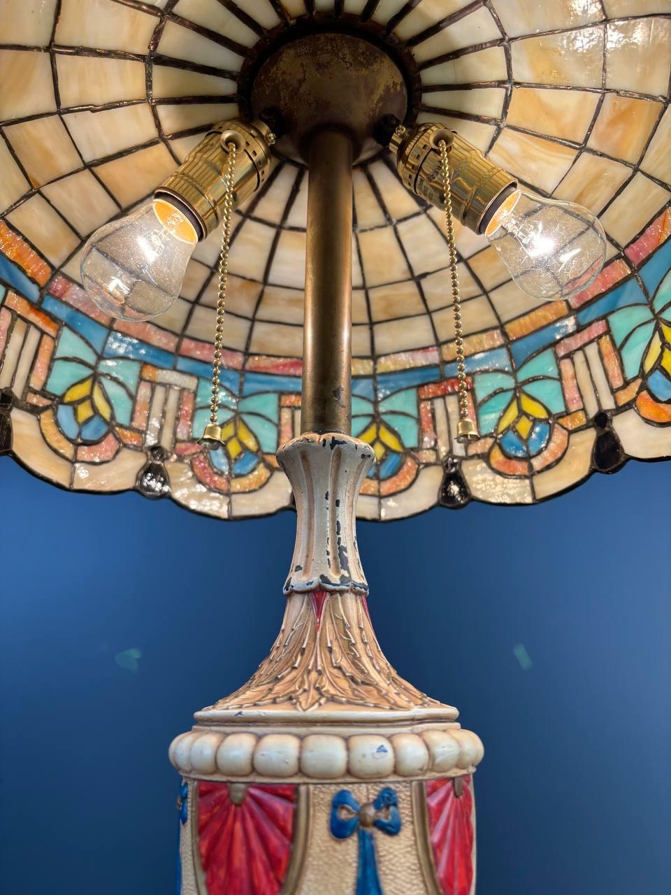 Mid-20th Century Arts & Crafts Leaded Slag Glass Table Lamp