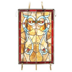 Arts & Crafts Leaded Slag & Jeweled Stained Glass Window with Stylized Owl c1920
