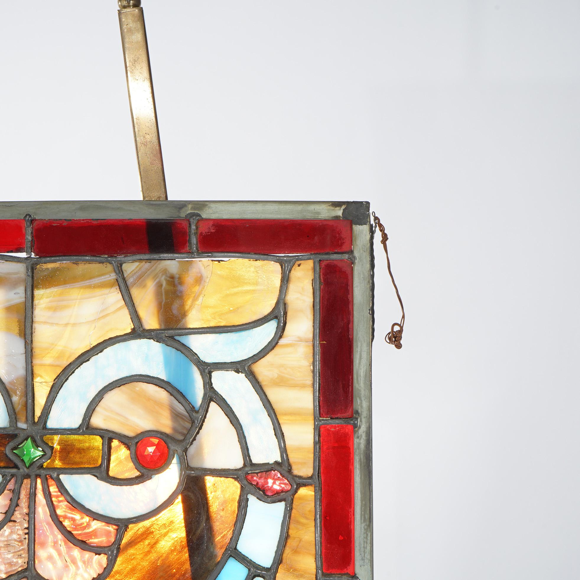 Vitrail Arts & Crafts Leaded Slag & Jeweled Stained Glass avec hibou stylisé vers 1920 Bon état - En vente à Big Flats, NY