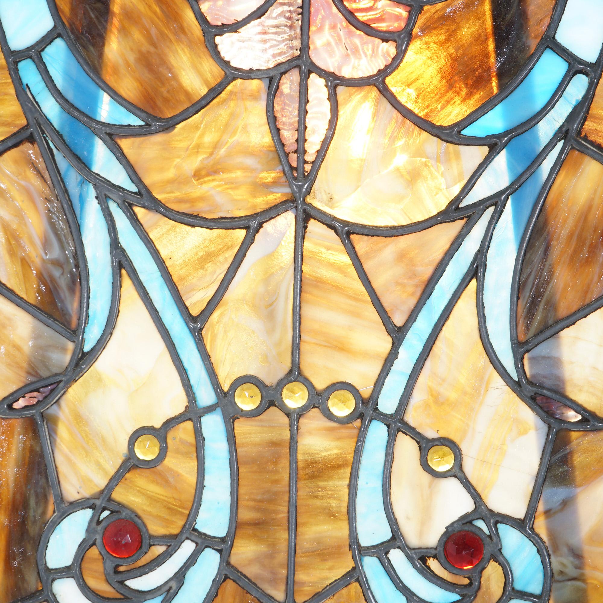 20ième siècle Vitrail Arts & Crafts Leaded Slag & Jeweled Stained Glass avec hibou stylisé vers 1920 en vente