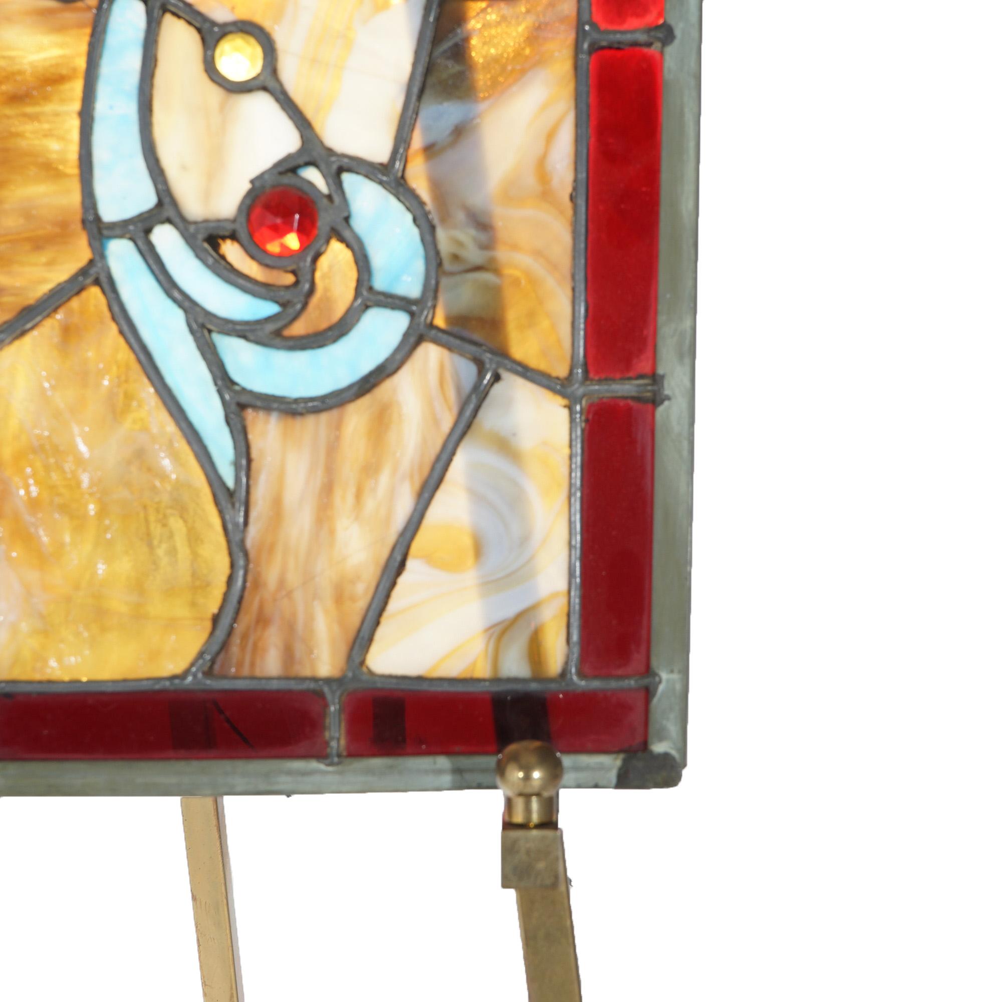 Vitrail Arts & Crafts Leaded Slag & Jeweled Stained Glass avec hibou stylisé vers 1920 en vente 1