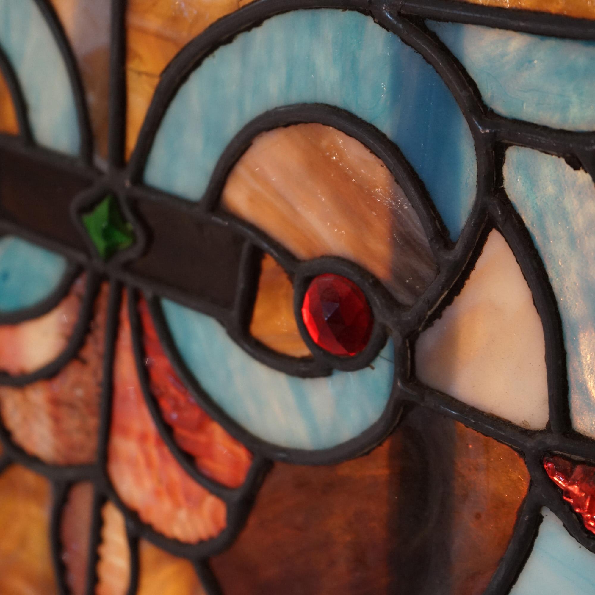 Vitrail Arts & Crafts Leaded Slag & Jeweled Stained Glass avec hibou stylisé vers 1920 en vente 2