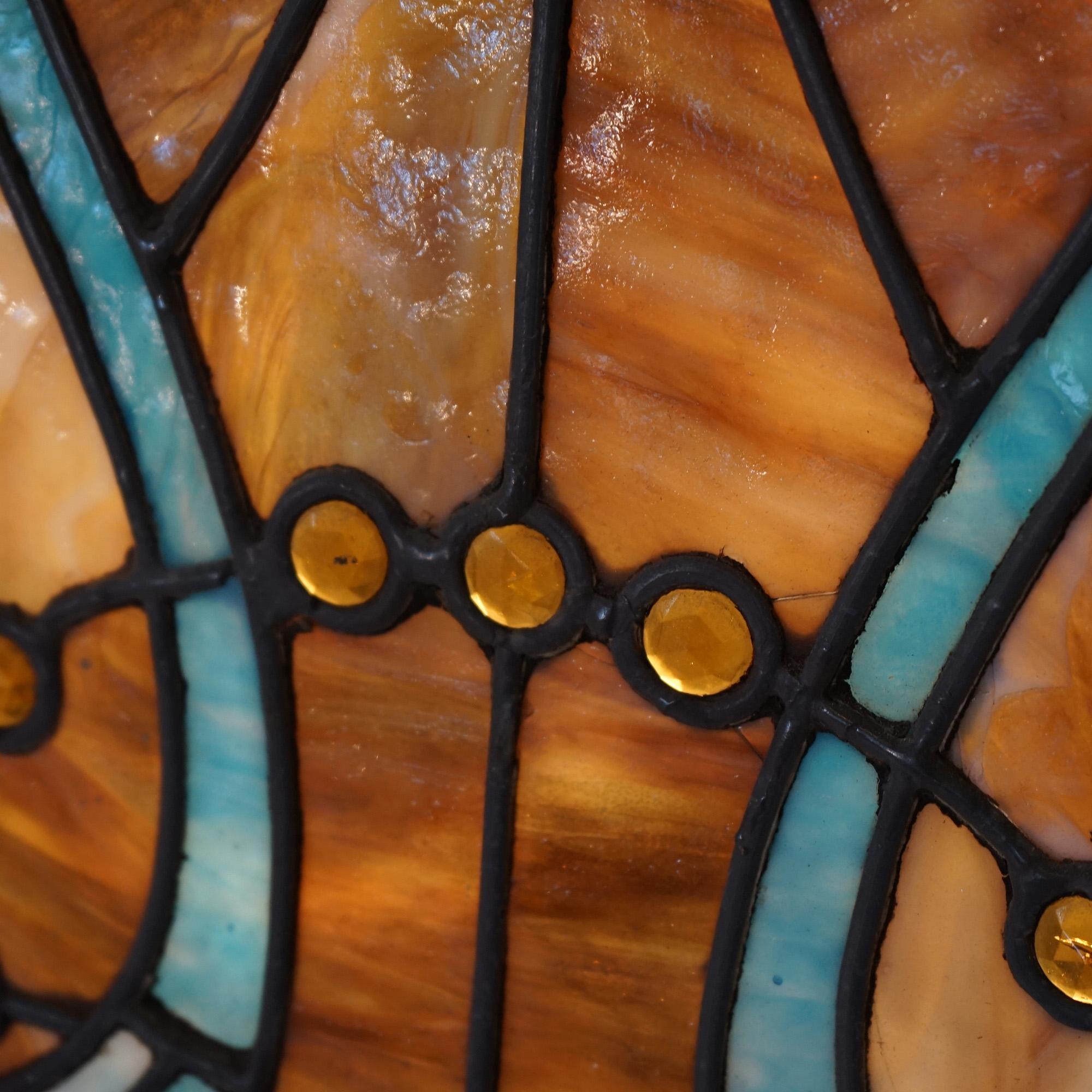 Vitrail Arts & Crafts Leaded Slag & Jeweled Stained Glass avec hibou stylisé vers 1920 en vente 3