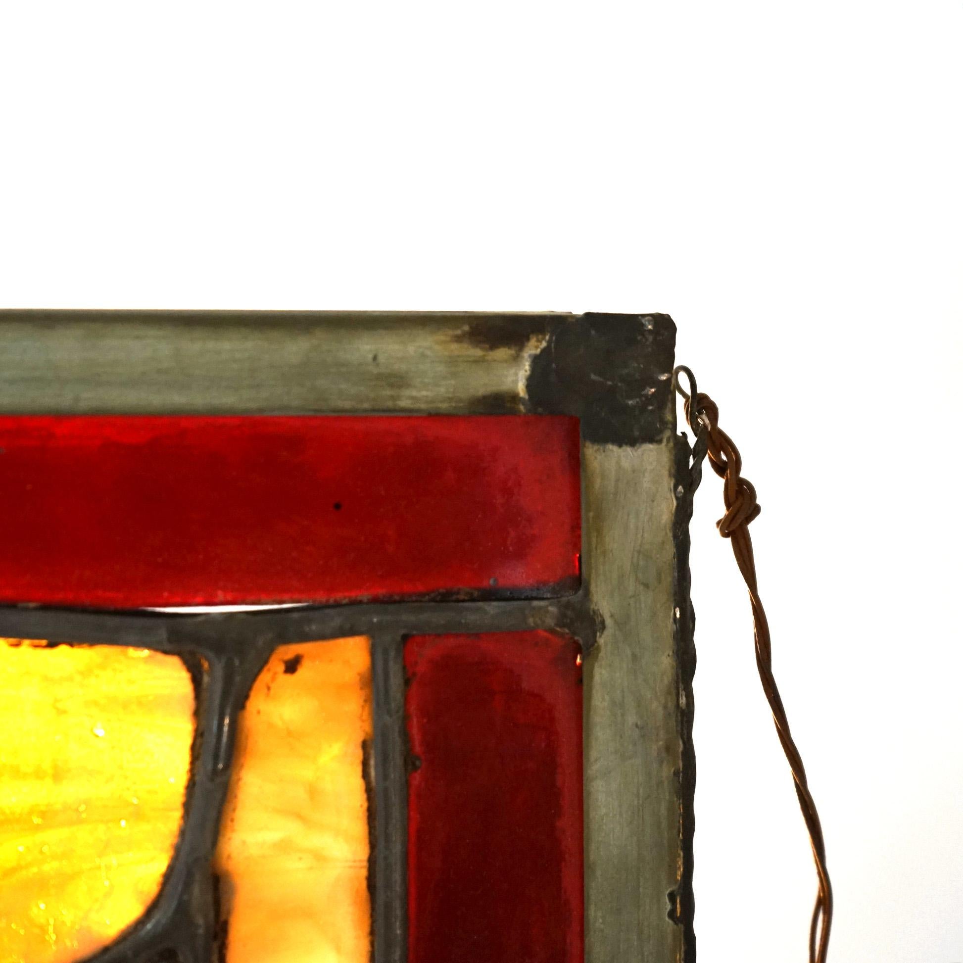 Vitrail Arts & Crafts Leaded Slag & Jeweled Stained Glass avec hibou stylisé vers 1920 en vente 4