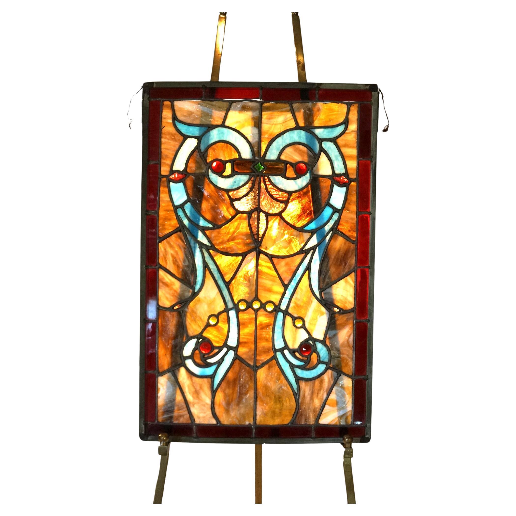 Vitrail Arts & Crafts Leaded Slag & Jeweled Stained Glass avec hibou stylisé vers 1920