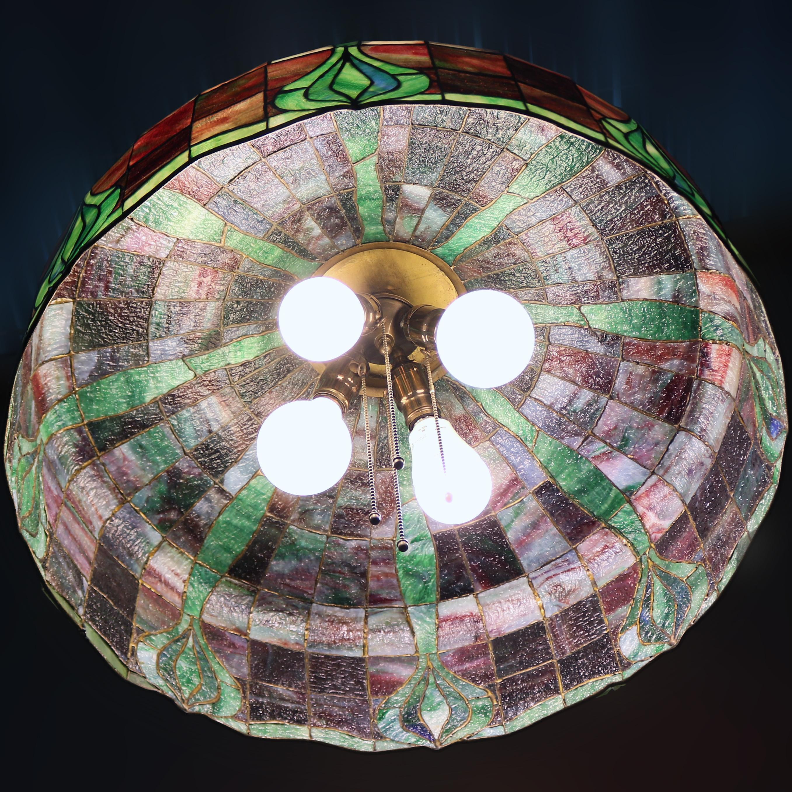 American Arts & Crafts Leaded Slag & Stained Glass Mosaic Dome Chandelier, circa 1910